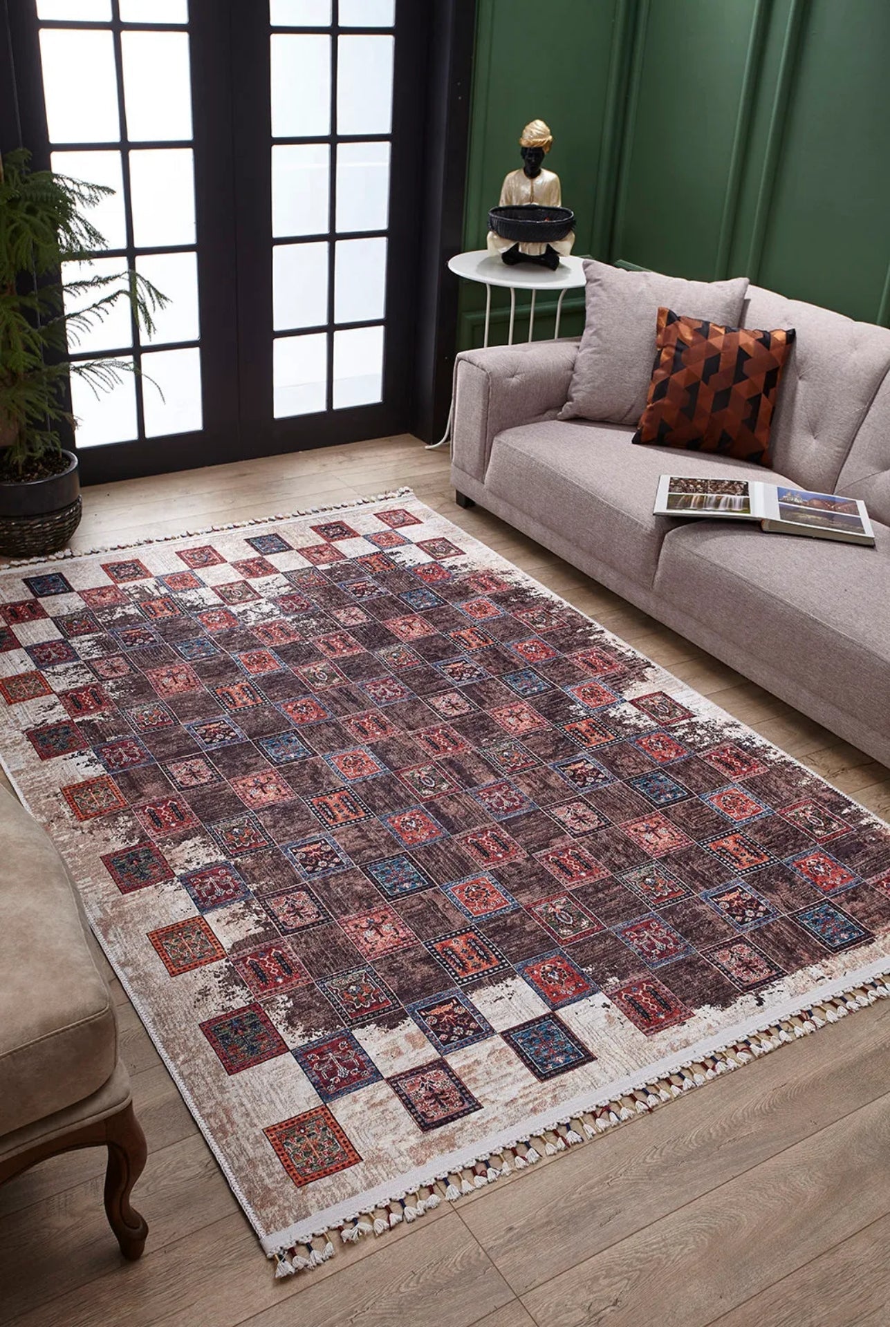 Brown Geometric Area Rug – Washable Non Slip Rug with Digital Print Carpet