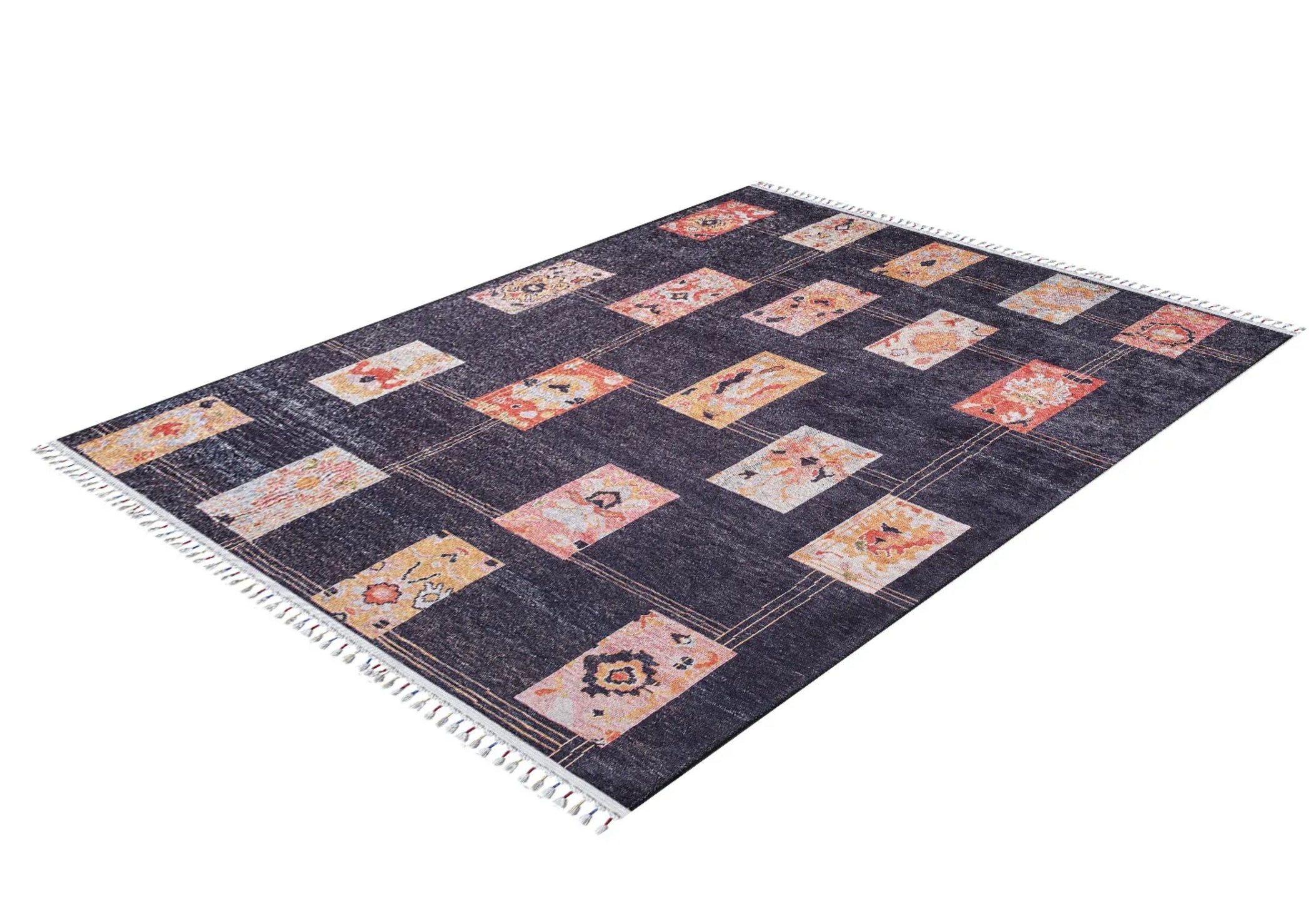 Black Geometric Area Rug - Digital Print Non Slip Carpet for Living Room