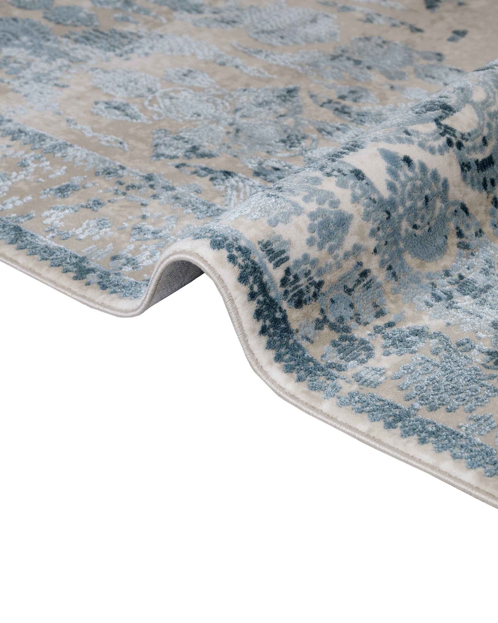 Vintage Viscose Area Rug – Blue Machine Made Rug With Fringed Edge Carpet