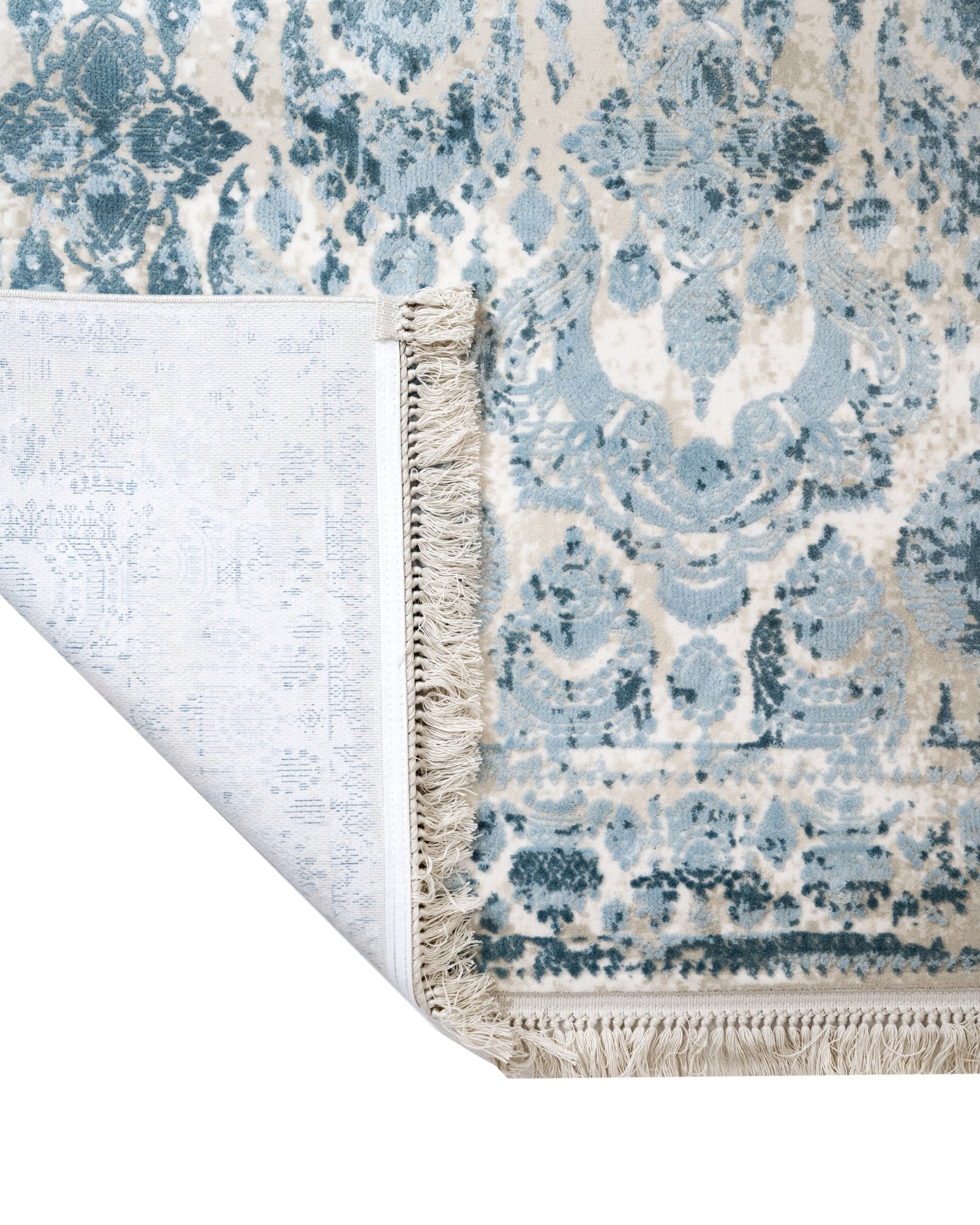 Vintage Viscose Area Rug – Blue Machine Made Rug With Fringed Edge Carpet