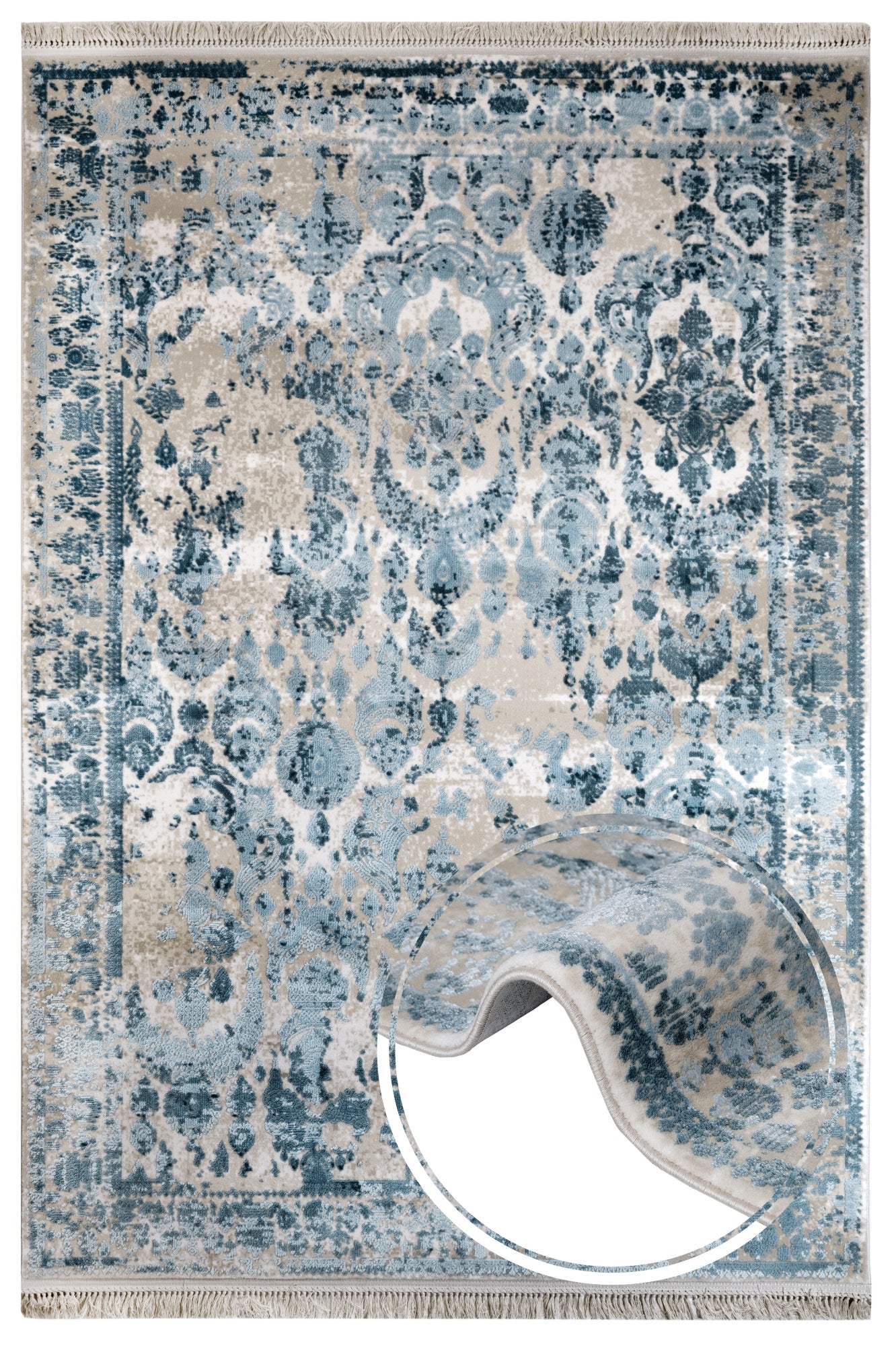Vintage Viscose Area Rug – Blue Machine Made Rug With Fringed Edge Carpet