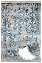 Vintage Viscose Area Rug – Blue Machine Made Rug With Fringed Edge Carpet