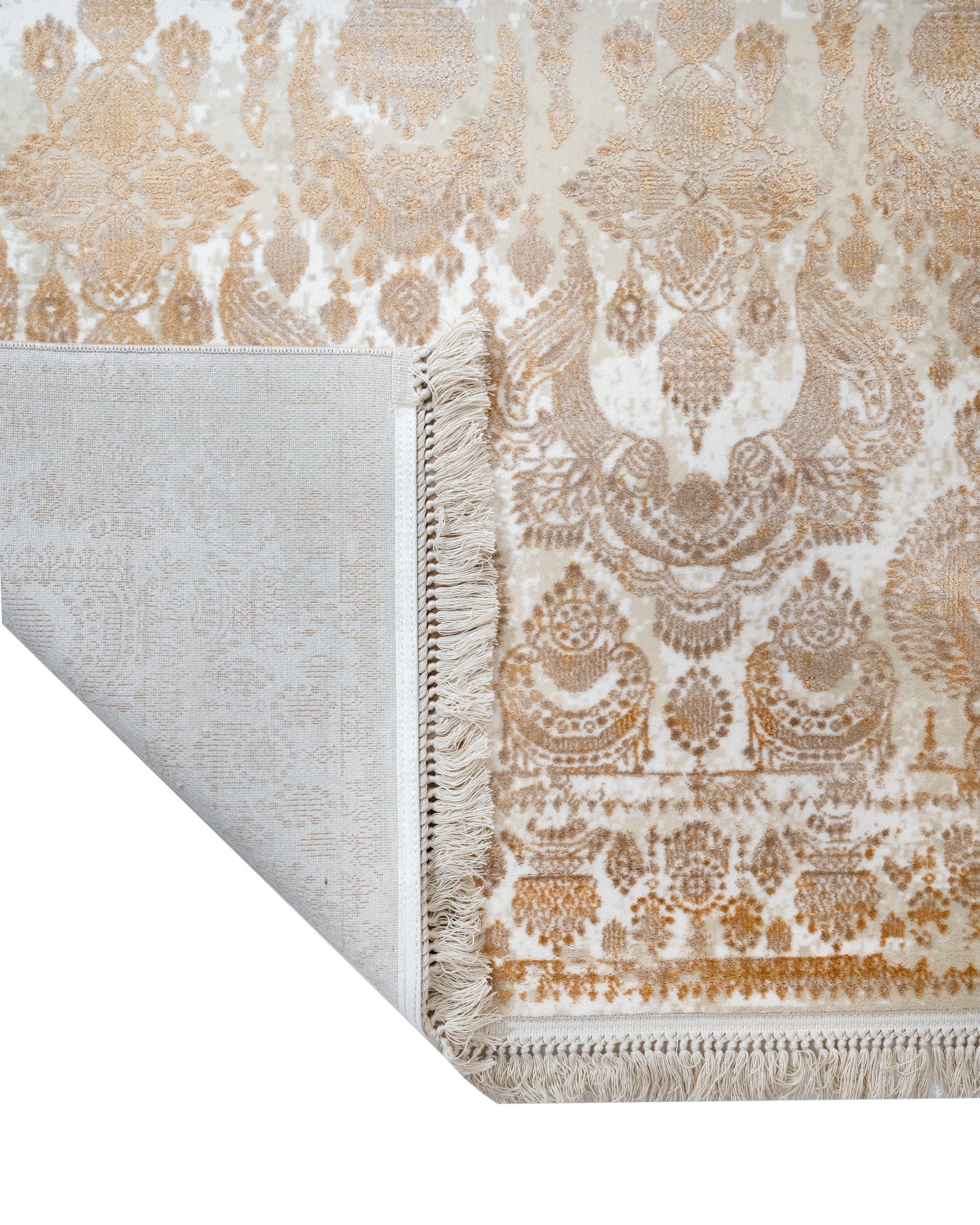 Vintage Viscose Area Rug – Beige Machine Made Rug With Fringed Edges