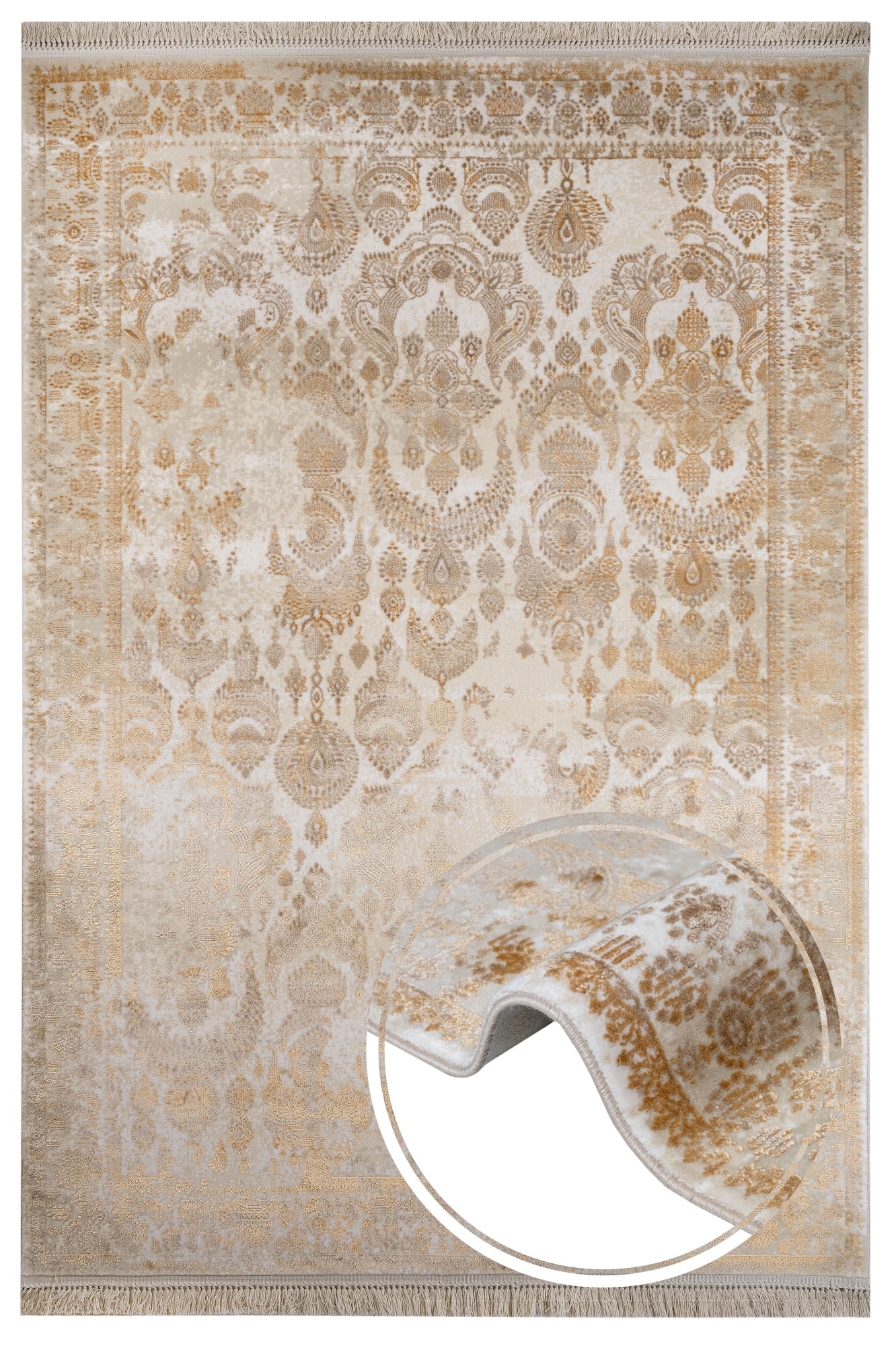 Vintage Viscose Area Rug – Beige Machine Made Rug With Fringed Edges