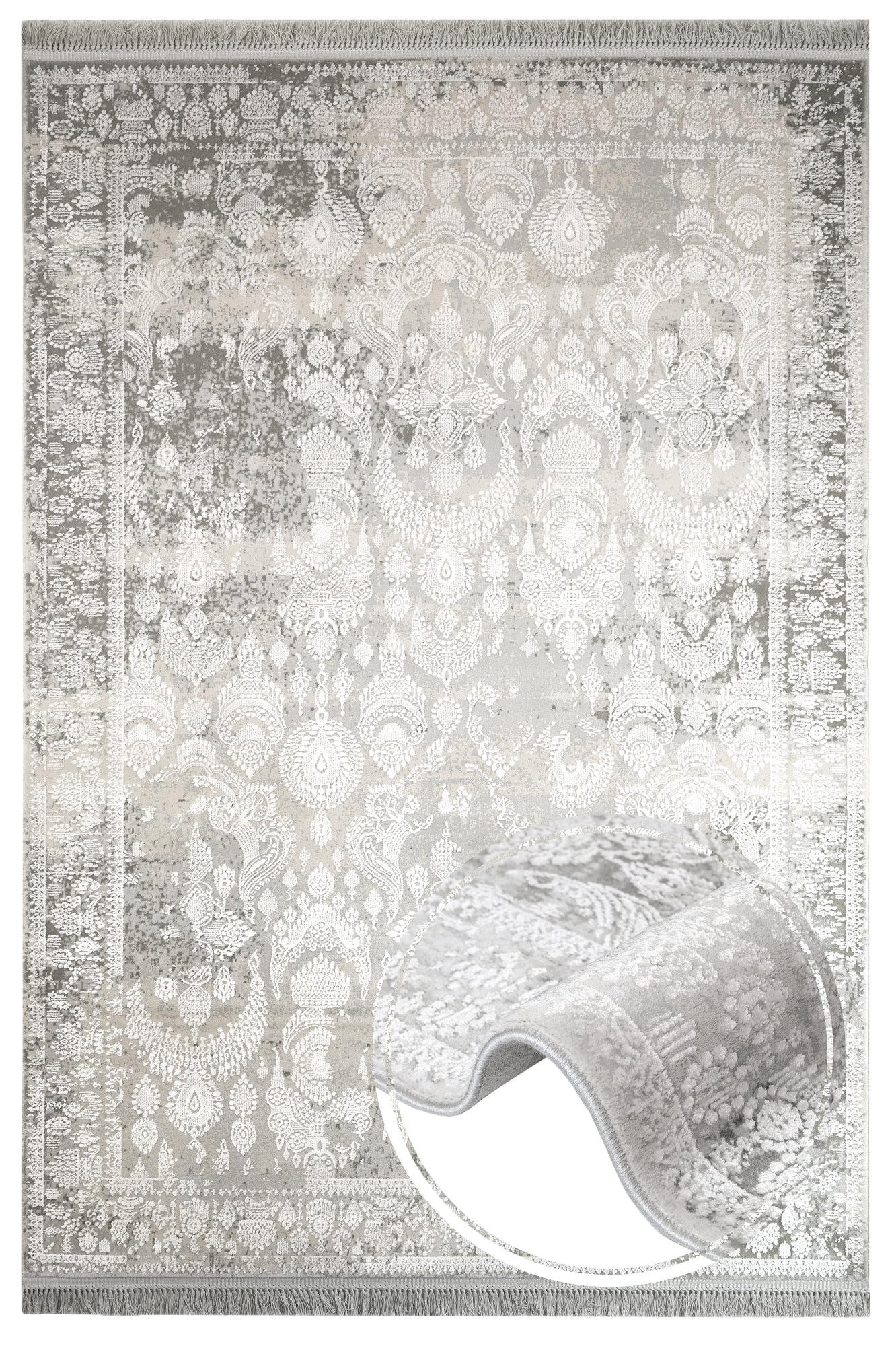 Vintage Viscose Area Rug – Machine Made Cream Rug with Fringed Edge for Living Room