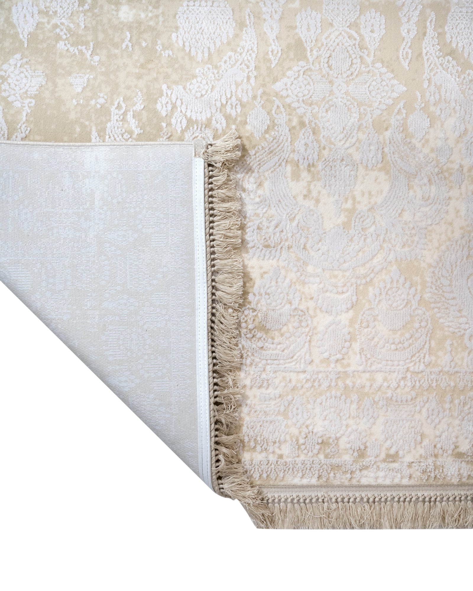 Vintage Viscose Area Rug – Beige Machine Made Rug With Fringed Edge Carpet