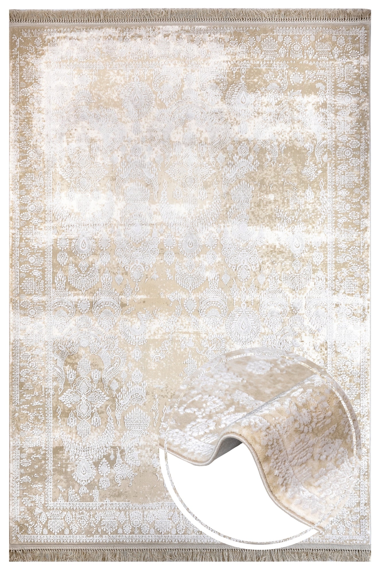 Vintage Viscose Area Rug – Beige Machine Made Rug With Fringed Edge Carpet