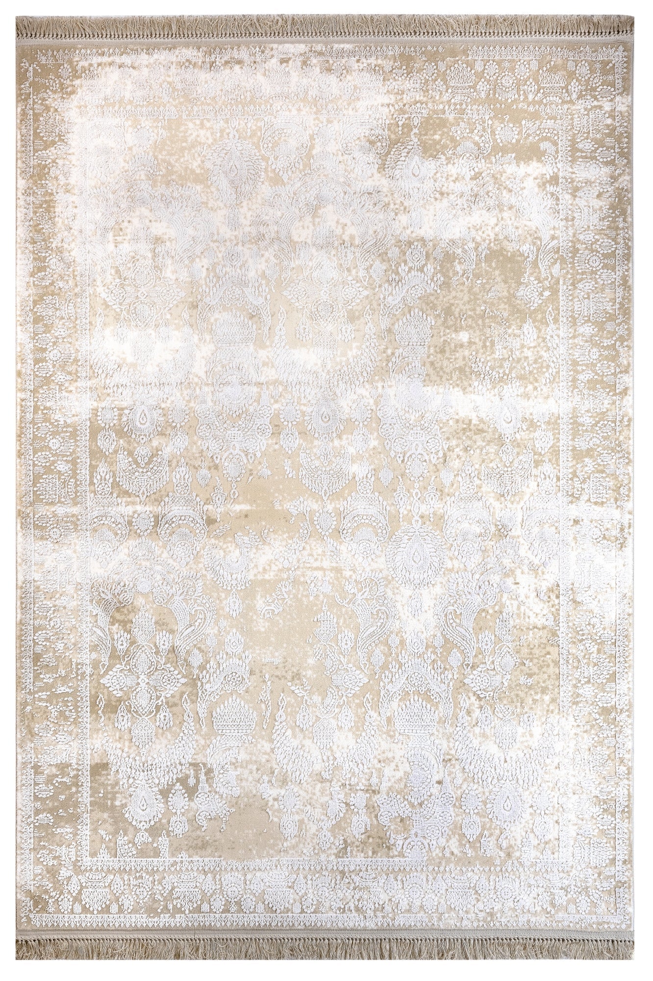 Vintage Viscose Area Rug – Beige Machine Made Rug With Fringed Edge Carpet