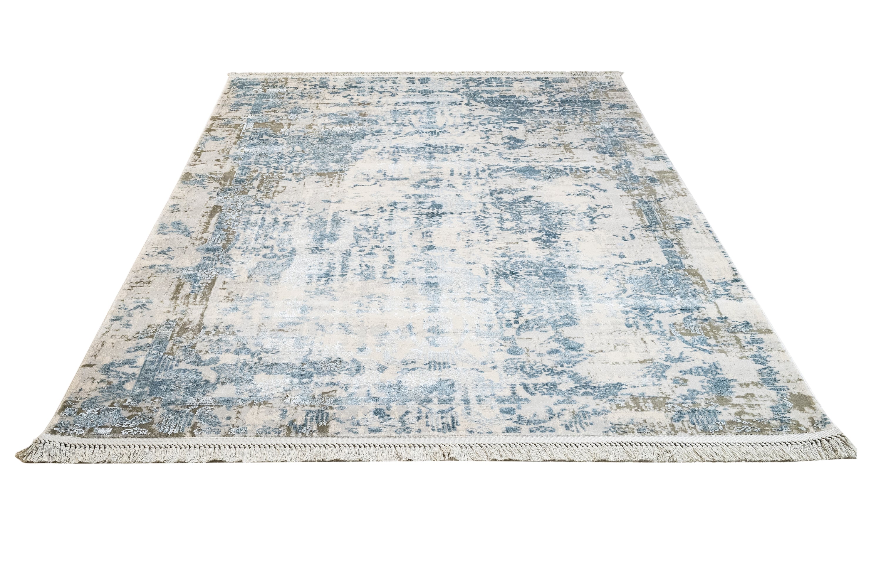 Vintage Viscose Area Rug – Blue Machine Made Rug with Fringed Edges