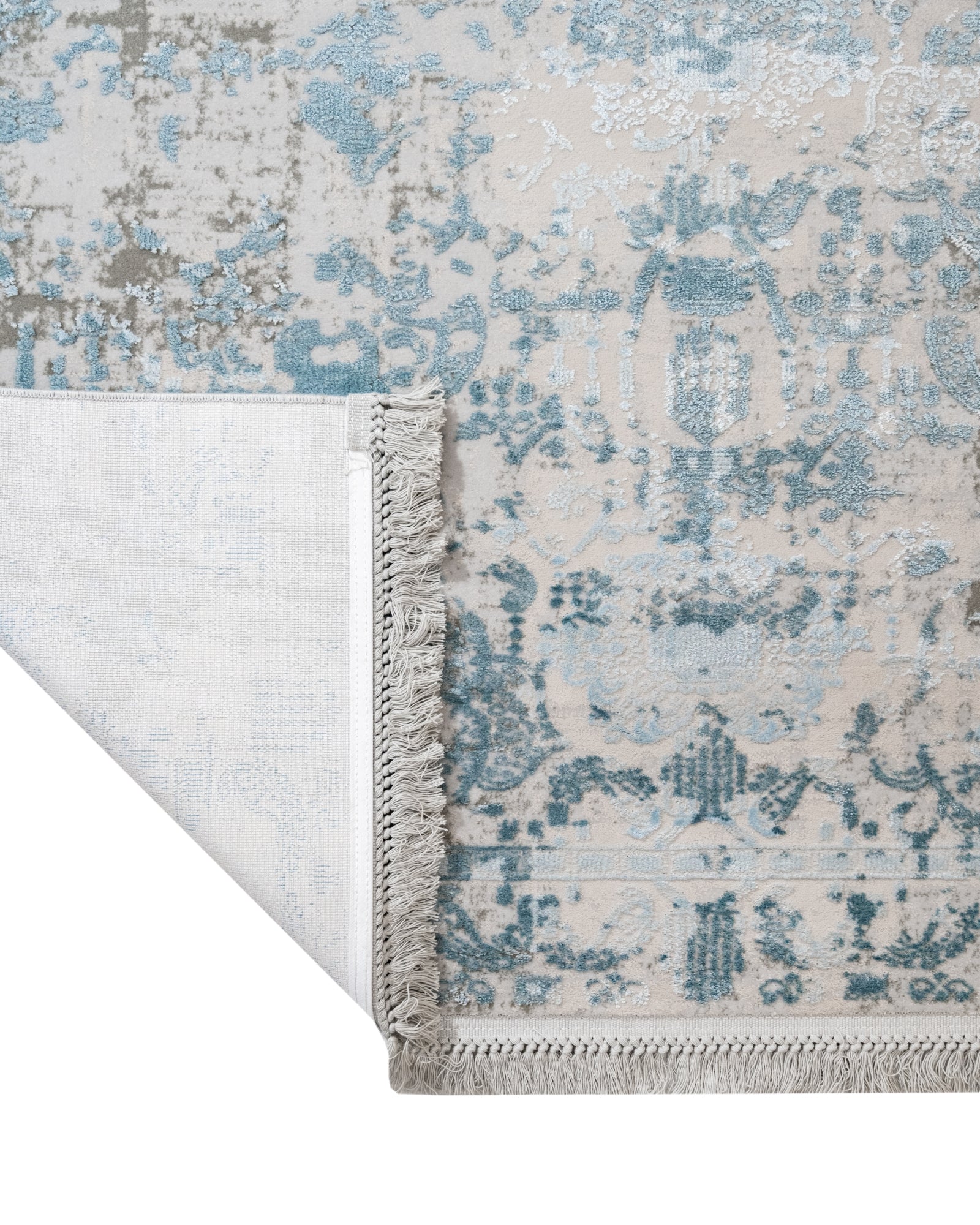 Vintage Viscose Area Rug – Blue Machine Made Rug with Fringed Edges