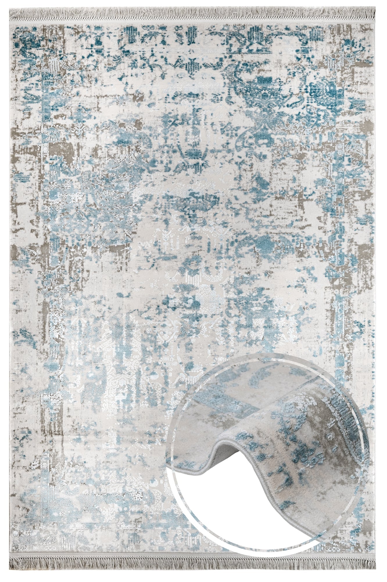 Vintage Viscose Area Rug – Blue Machine Made Rug with Fringed Edges