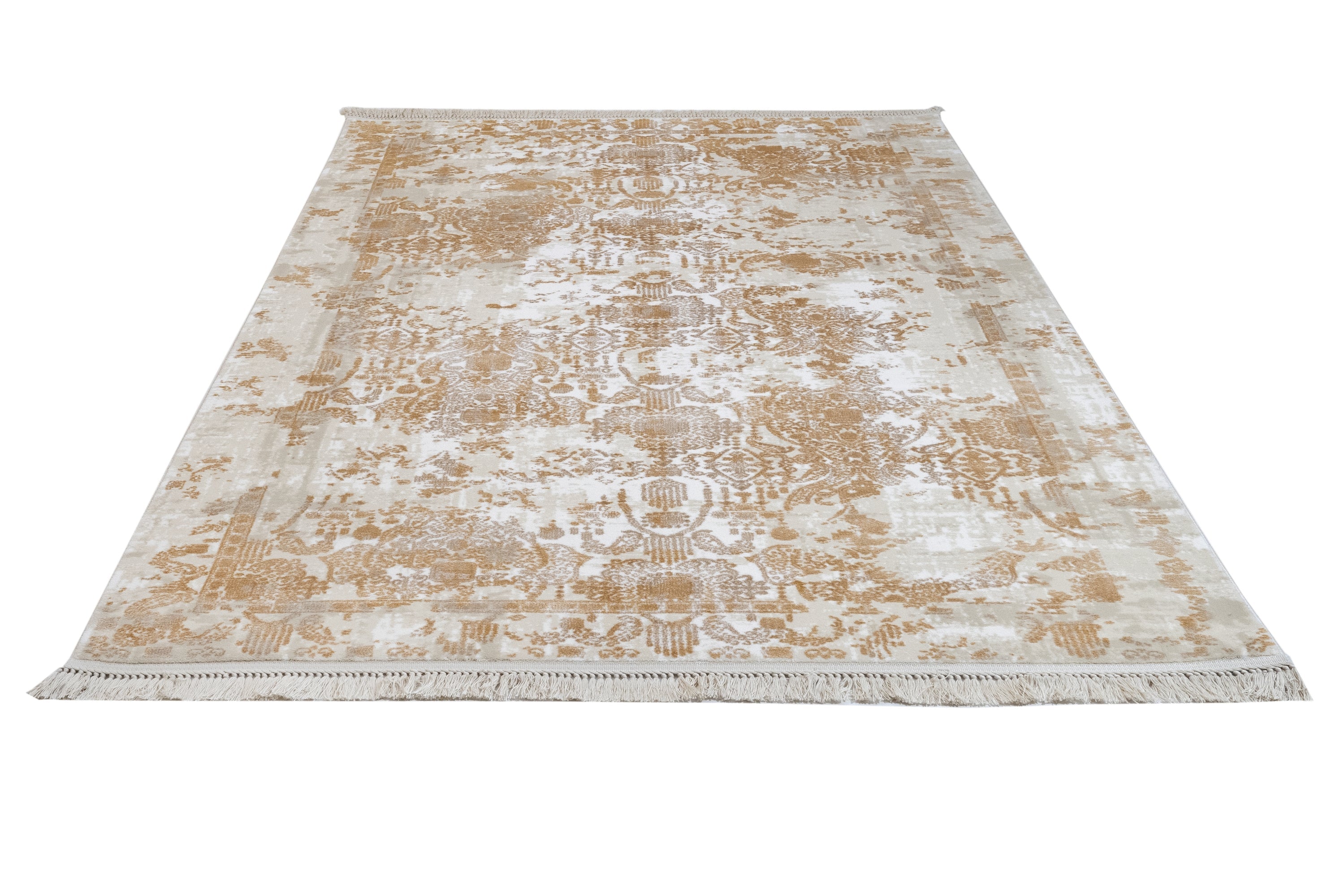 Vintage Viscose Area Rug – Gold Machine Made Rug with Fringed Edge for Stylish Living Room