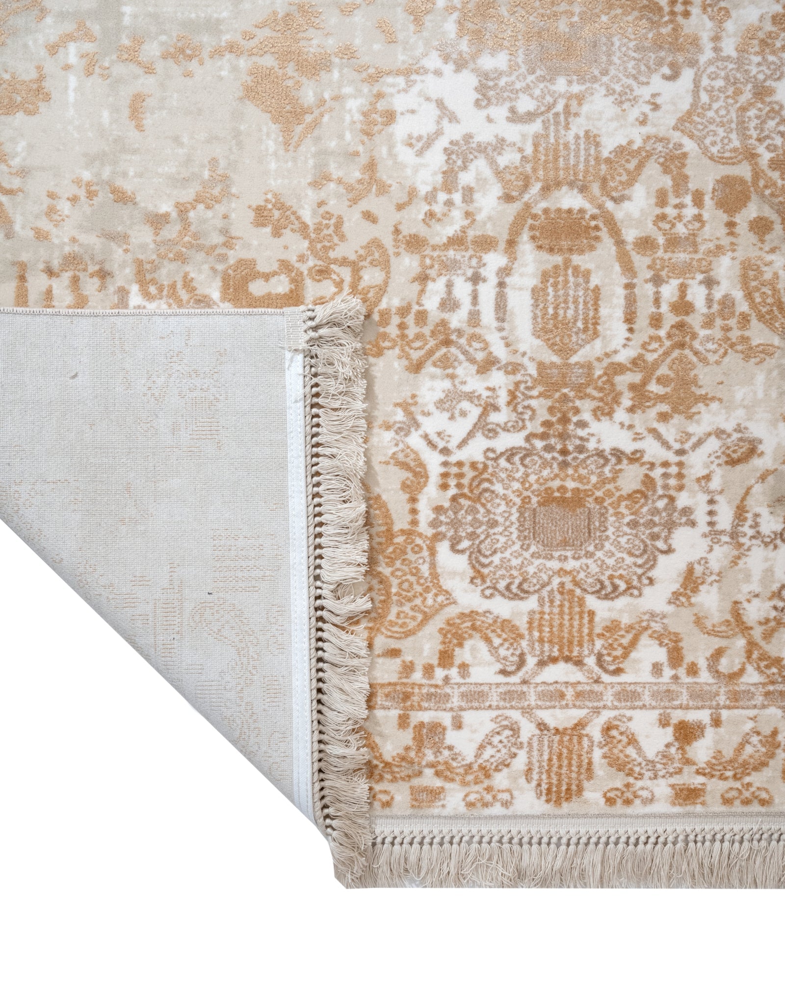 Vintage Viscose Area Rug – Gold Machine Made Rug with Fringed Edge for Stylish Living Room