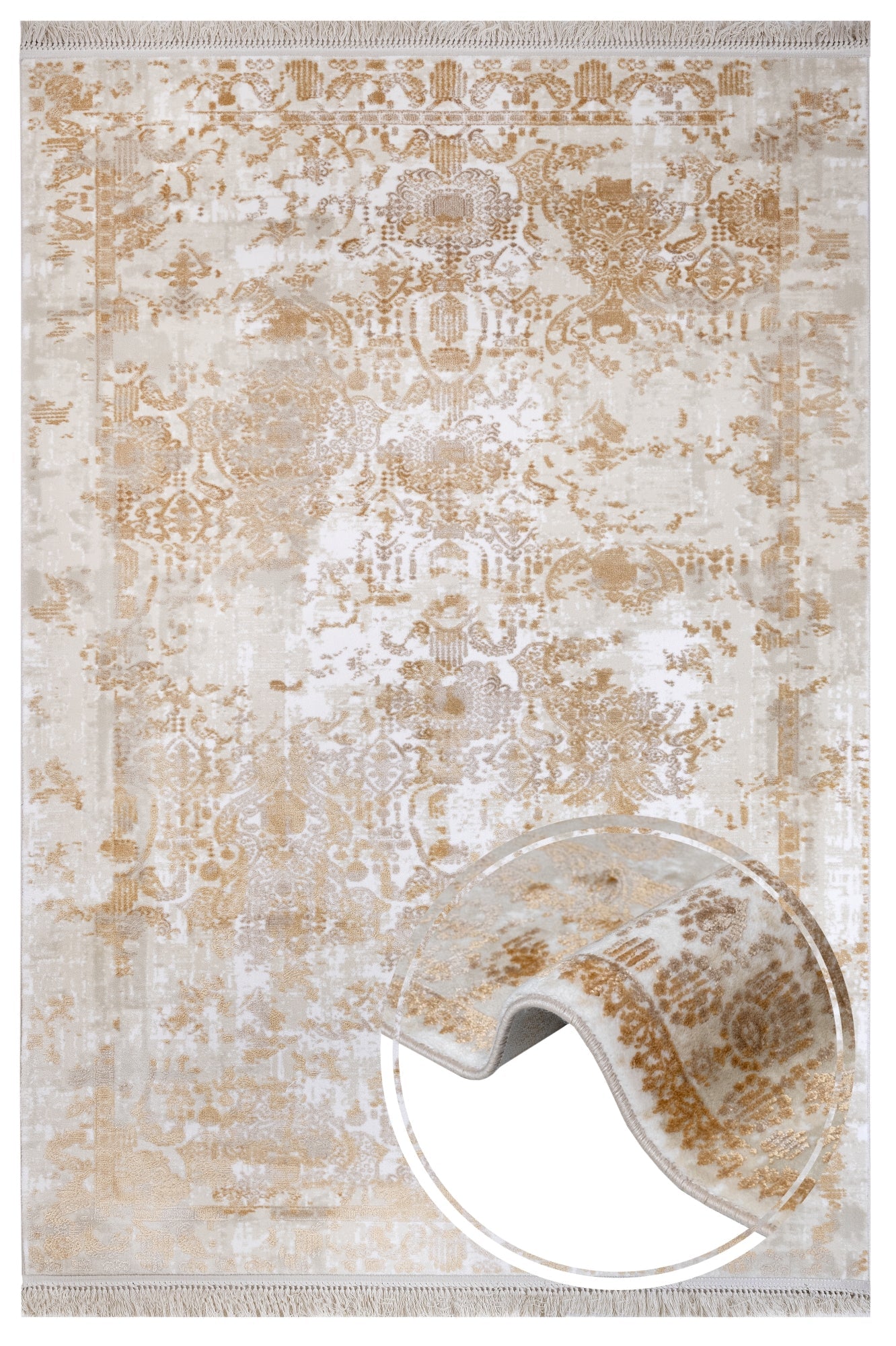Vintage Viscose Area Rug – Gold Machine Made Rug with Fringed Edge for Stylish Living Room