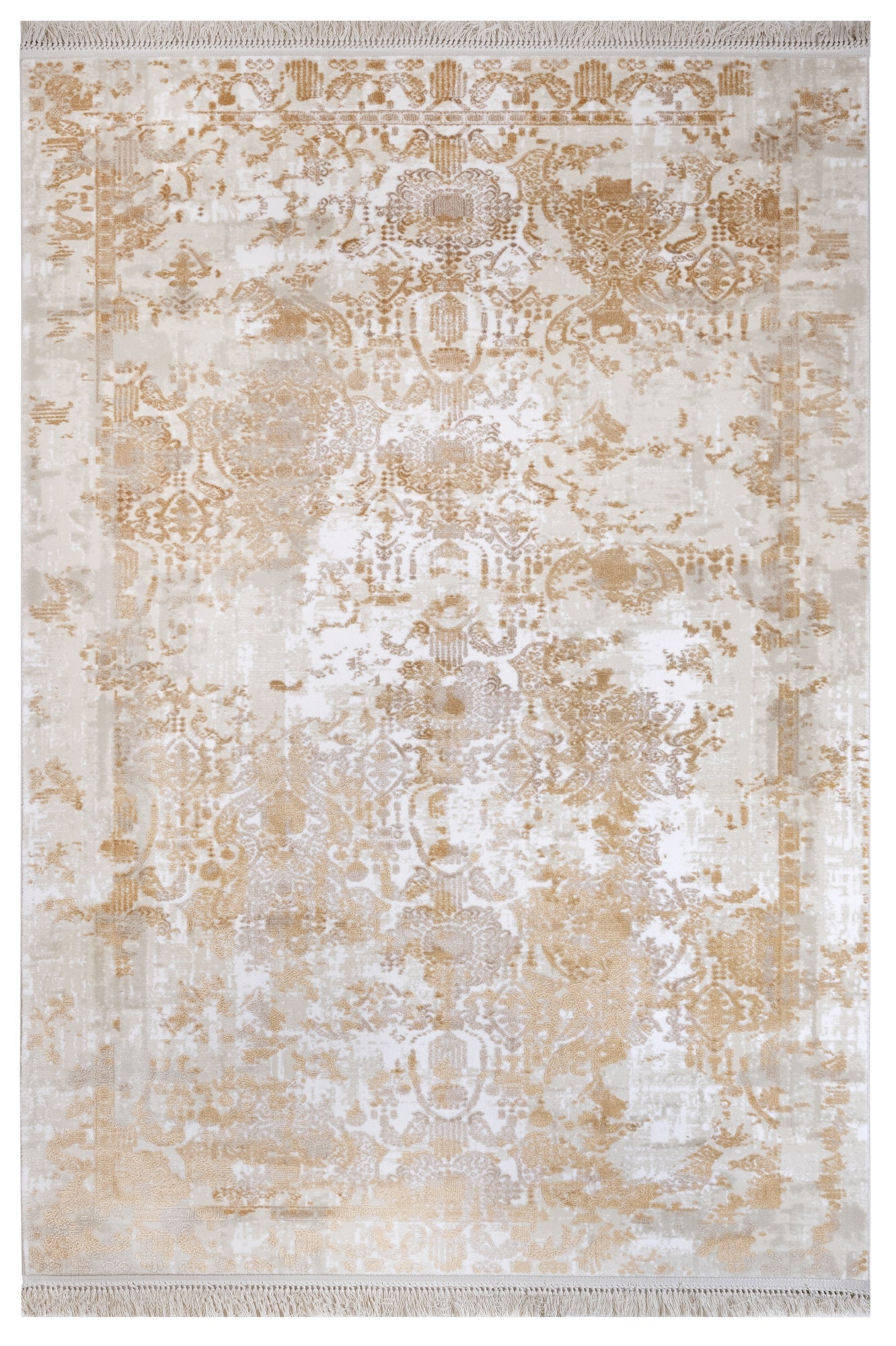 Vintage Viscose Area Rug – Gold Machine Made Rug with Fringed Edge for Stylish Living Room