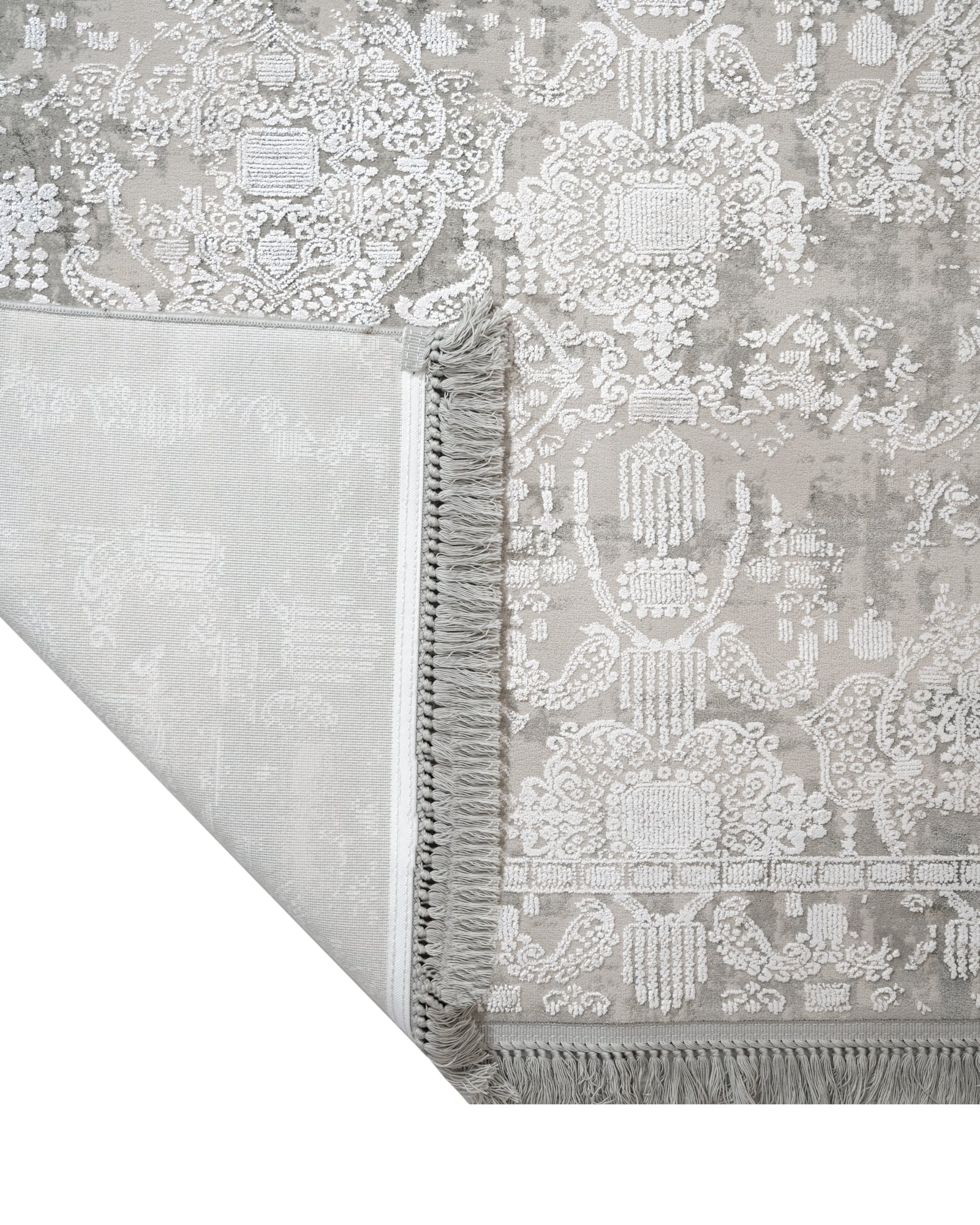Vintage Viscose Rug - Machine Made Grey Area Rug with Fringed Edge for Living Room