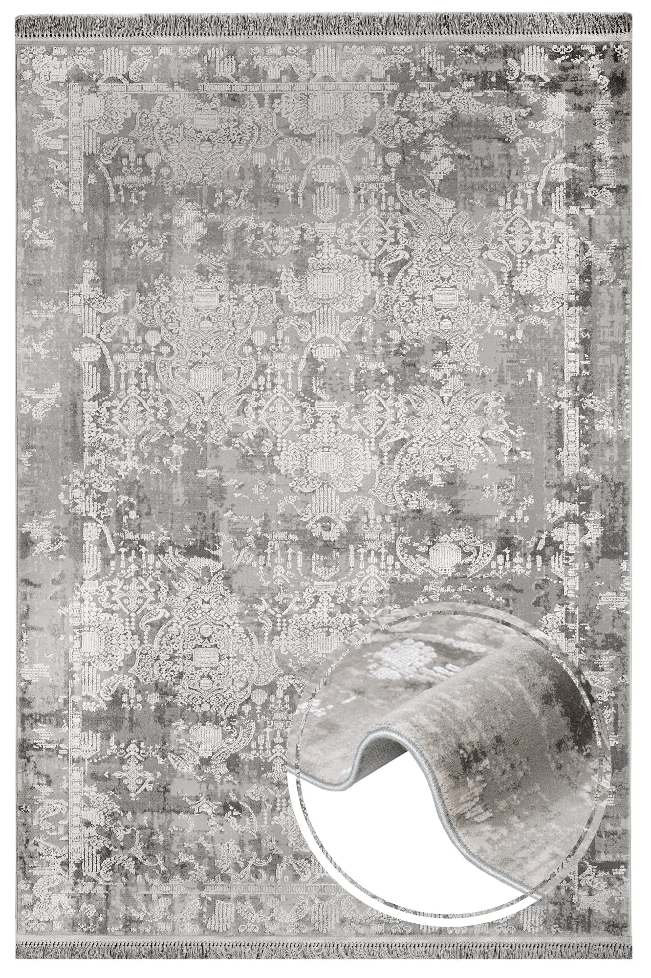 Vintage Viscose Rug - Machine Made Grey Area Rug with Fringed Edge for Living Room
