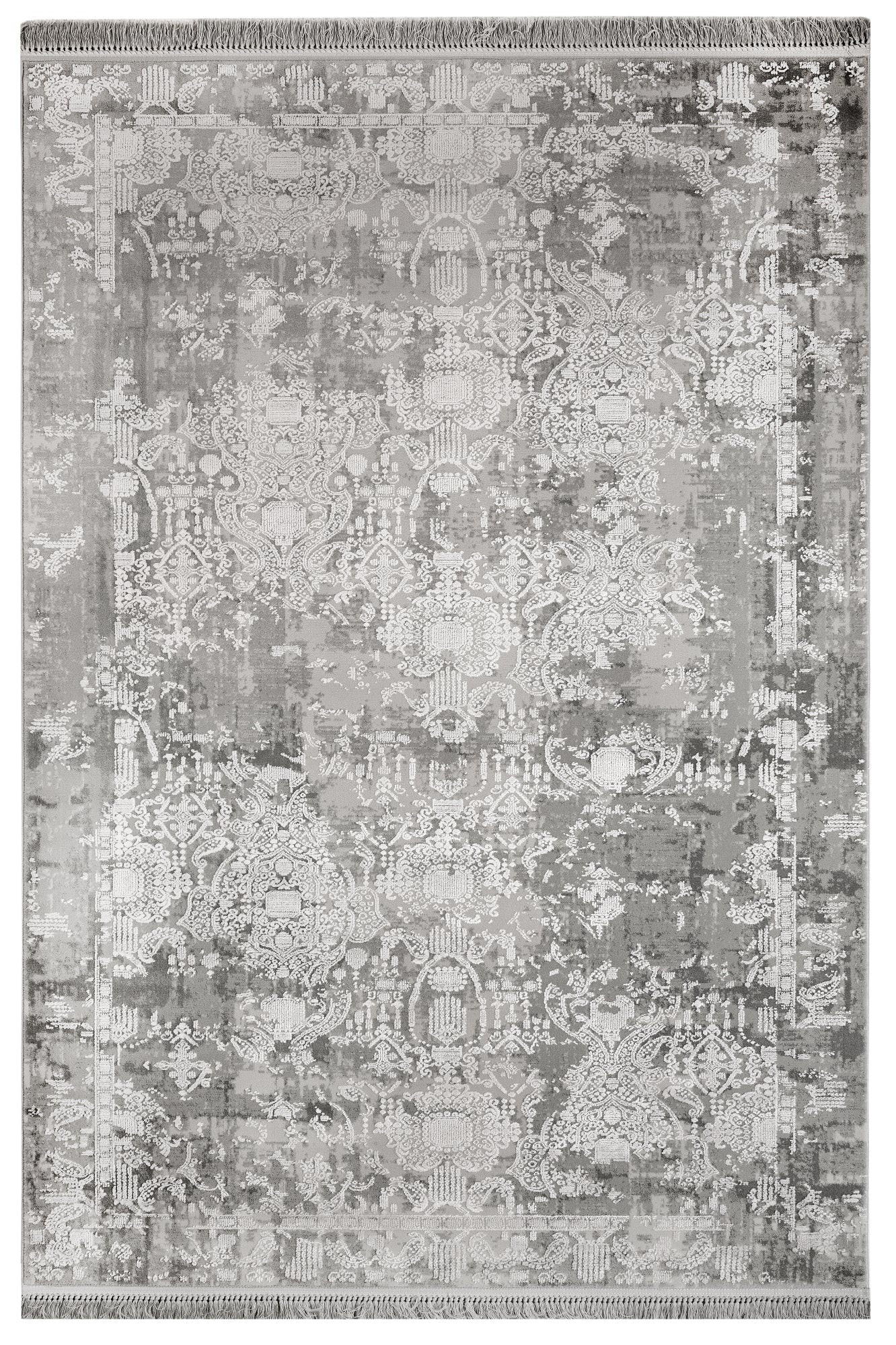 Vintage Viscose Rug - Machine Made Grey Area Rug with Fringed Edge for Living Room