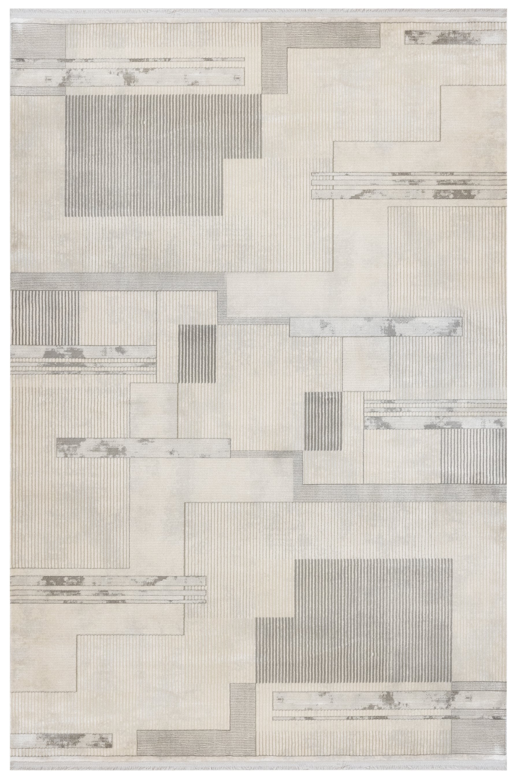 Grey Geometric Area Rug - Machine Made Viscose Carpet With Fringed Edges
