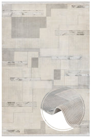 Grey Geometric Area Rug - Machine Made Viscose Carpet With Fringed Edges
