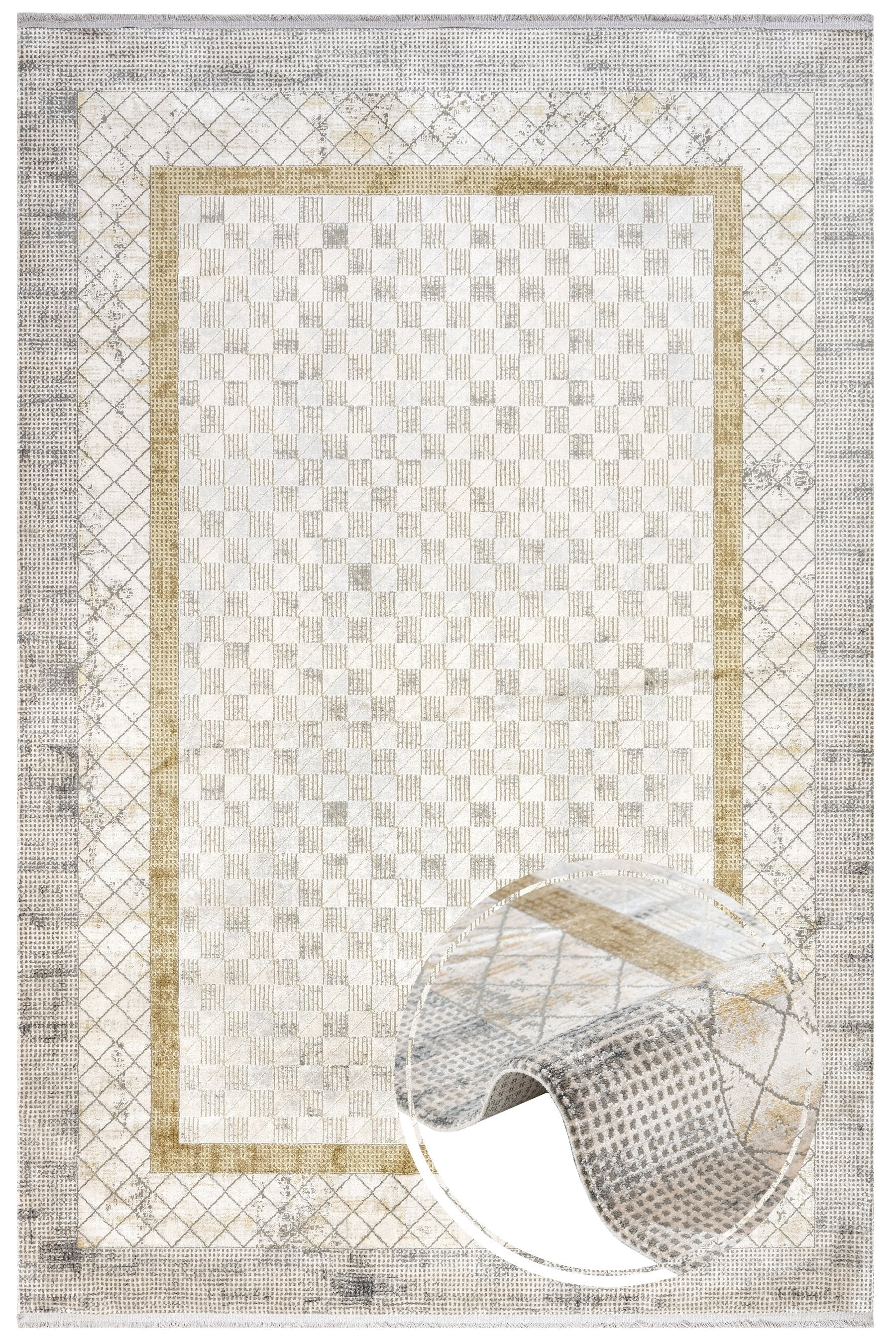 Gold Geometric Area Rug – Machine Made Viscose Carpet with Fringed Edges