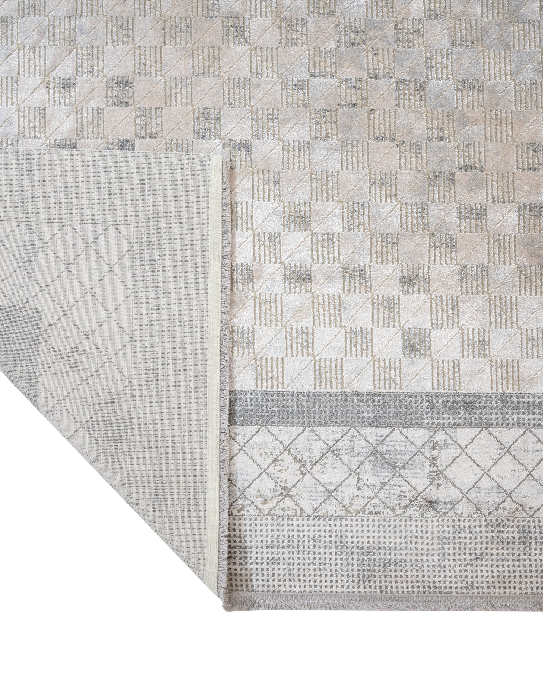 Grey Geometric Area Rug – Machine Made Viscose Carpet with Fringed Edges