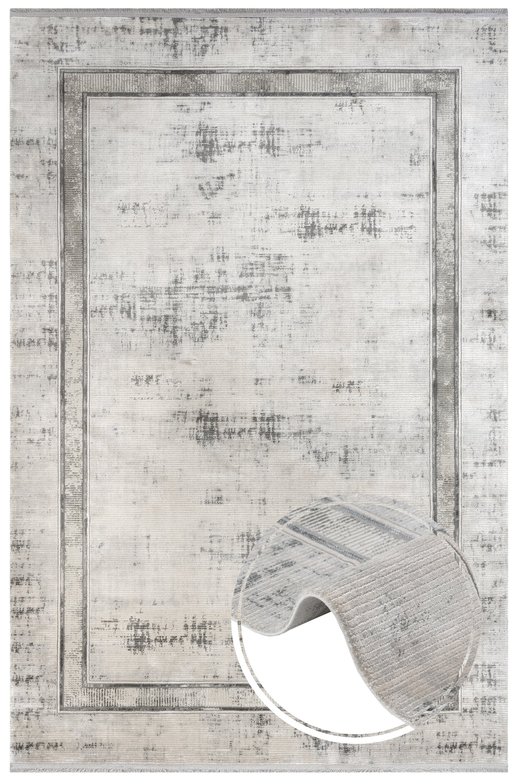 Grey Viscose Area Rug – Machine Made Rug with Frame Design & Fringed Edge