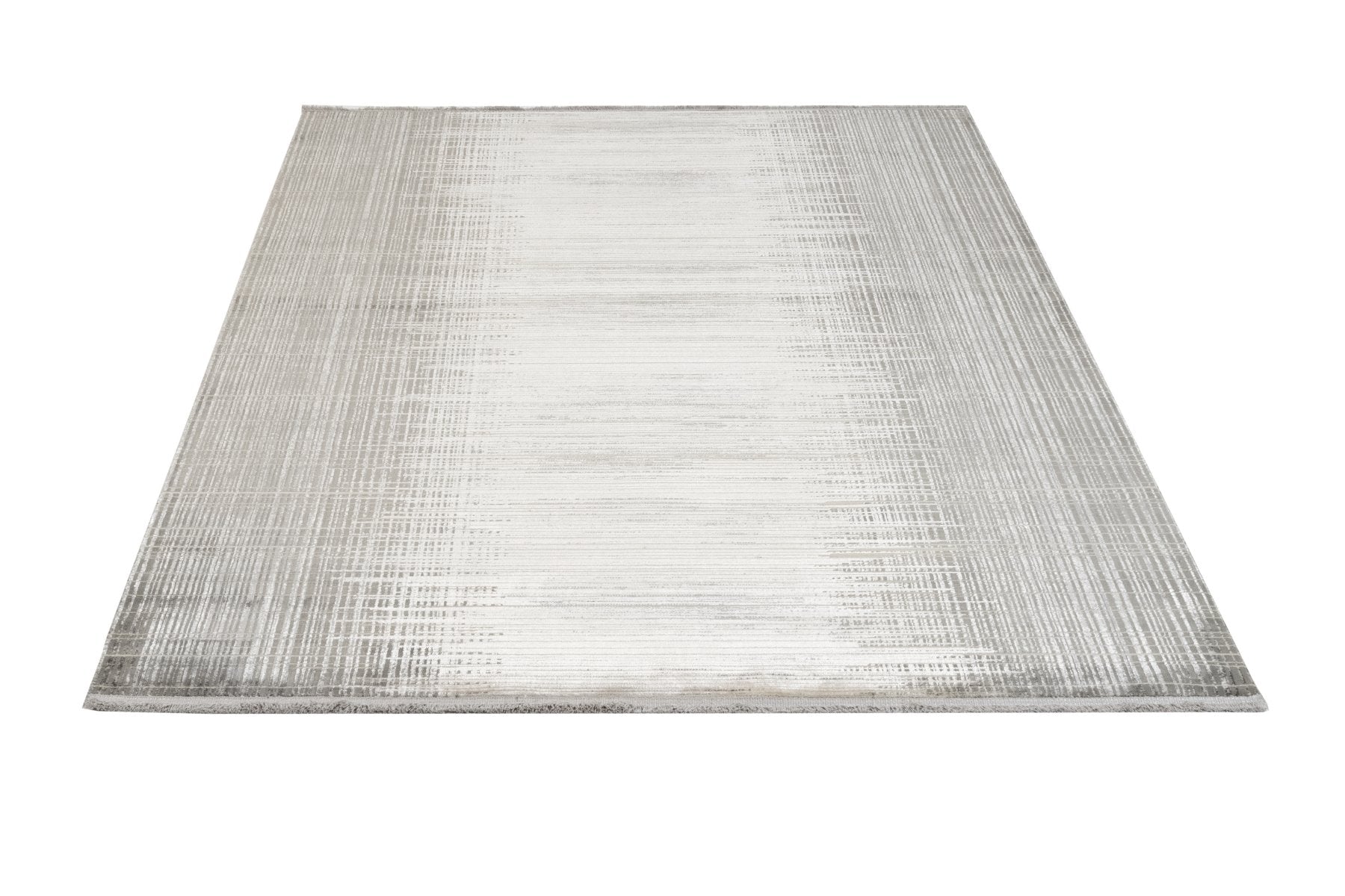 Modern Viscose Area Rug – Machine Made Grey Carpet With Fringed Edge