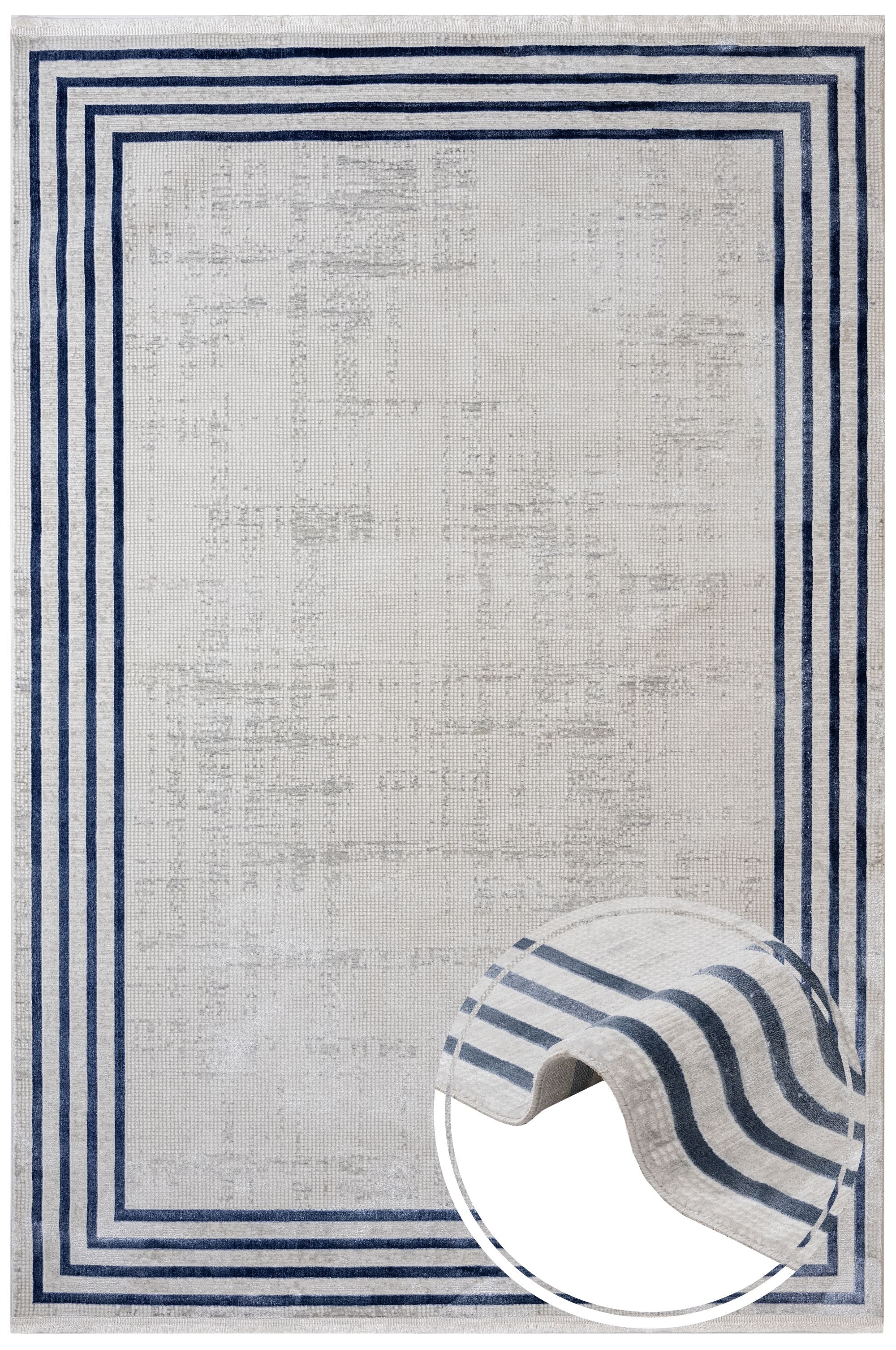 Cotton Area Rug - Machine Made Blue Frame Rug With Anti Slip, Washable Design
