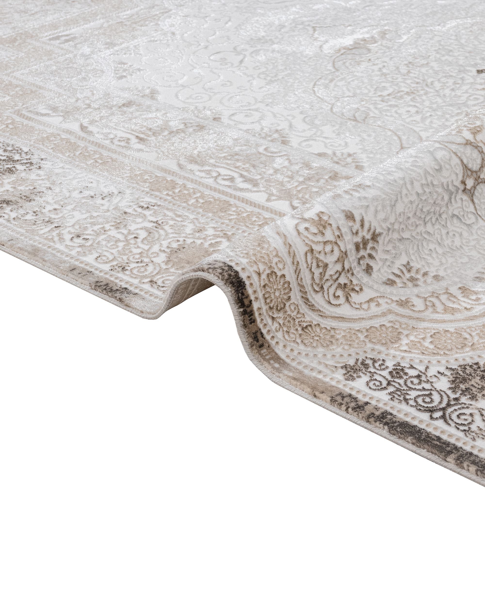 Cotton Area Rug - Machine Made Beige Medallion Rug with Soft Threads