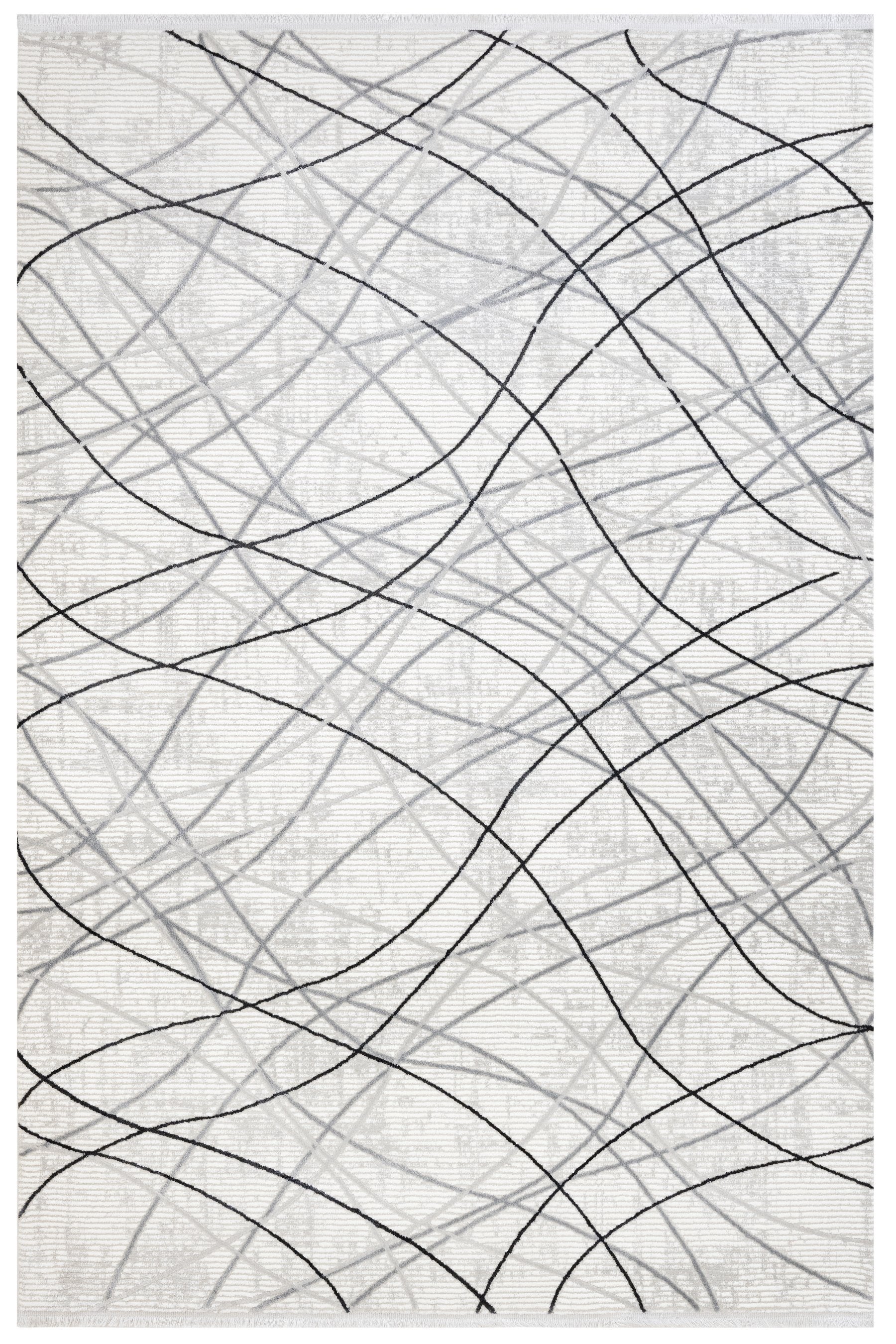Grey Geometric Area Rug - Machine Made Micropolyester Rug with Fringed Edges