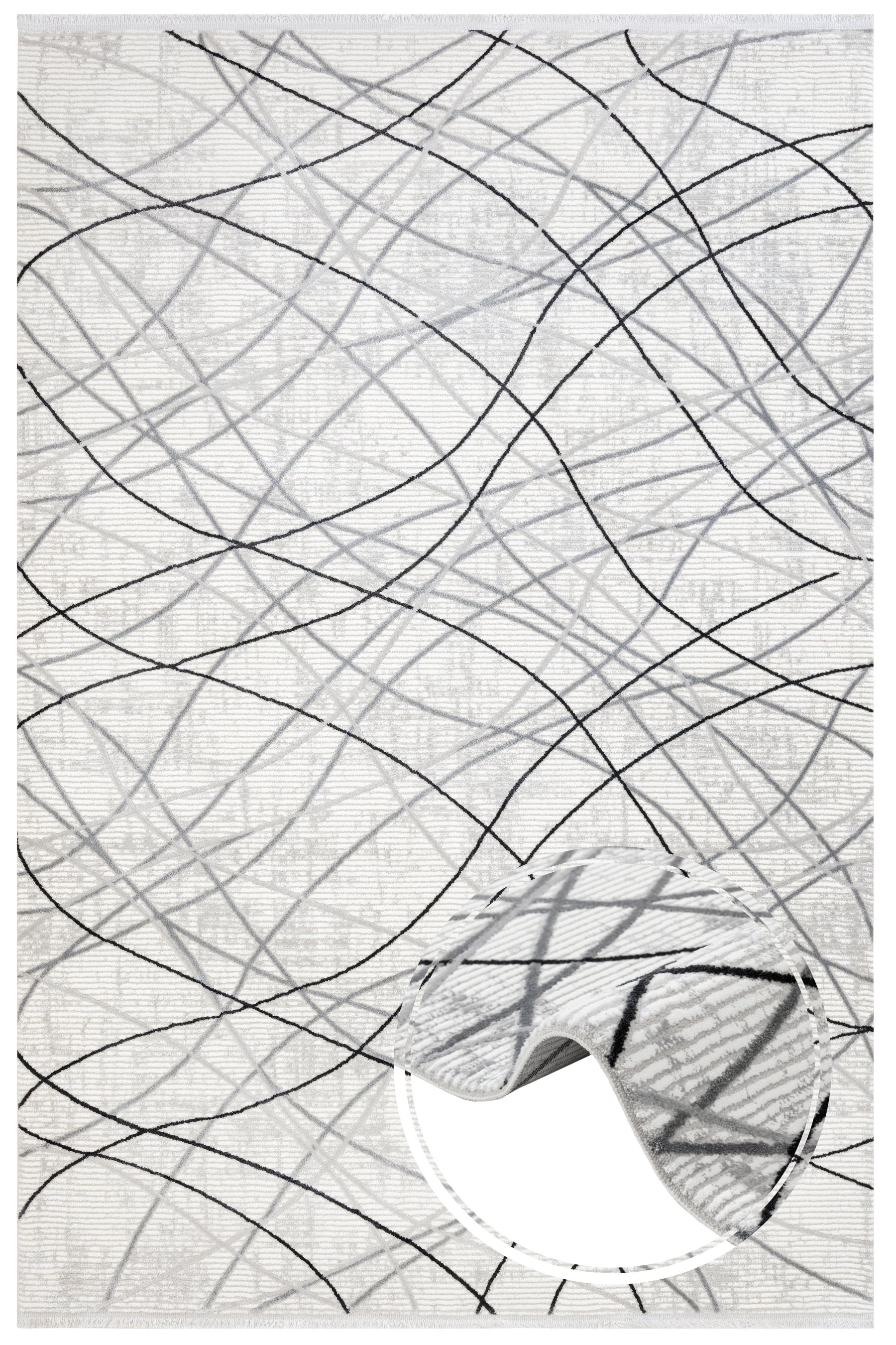 Grey Geometric Area Rug - Machine Made Micropolyester Rug with Fringed Edges