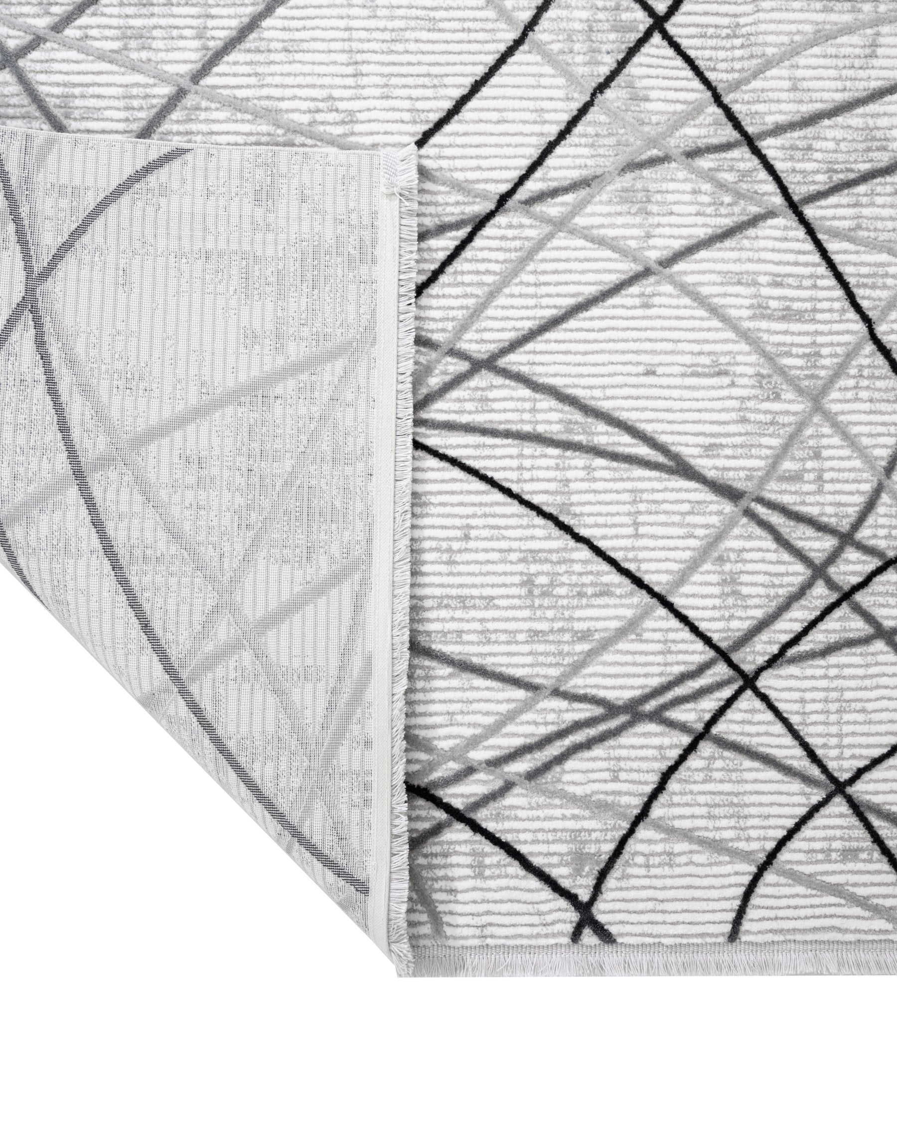 Grey Geometric Area Rug - Machine Made Micropolyester Rug with Fringed Edges