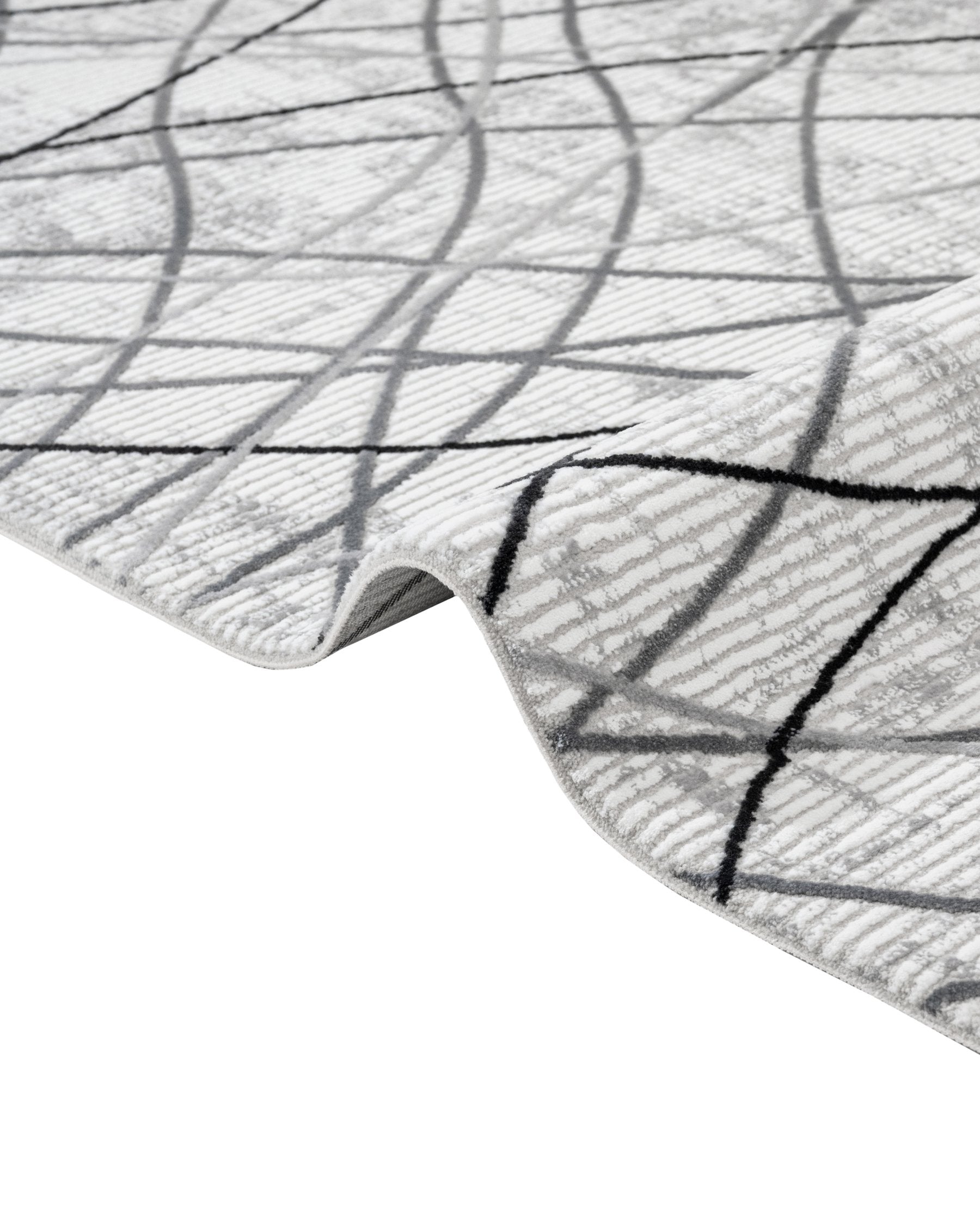 Grey Geometric Area Rug - Machine Made Micropolyester Rug with Fringed Edges