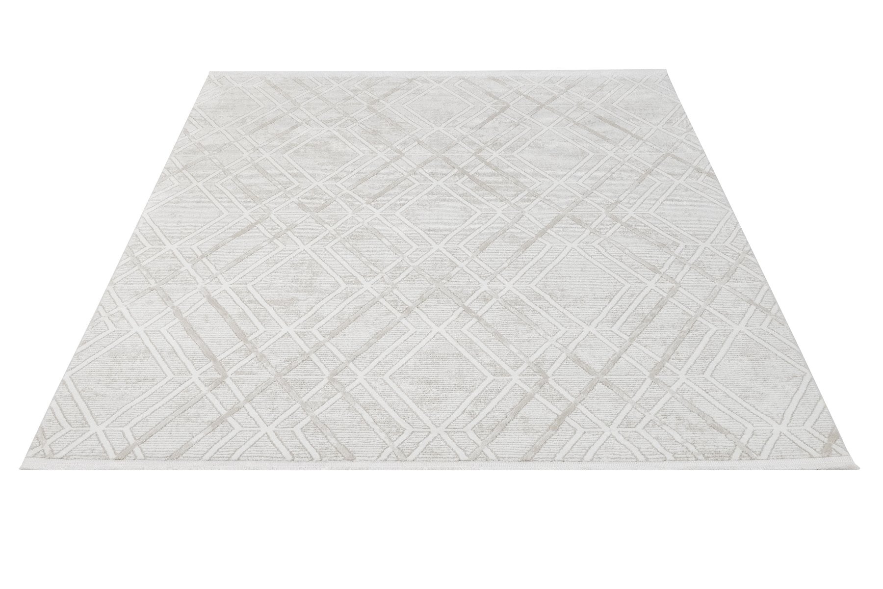 Cream Geometric Area Rug – Machine Made Micropolyester Carpet With Fringed Edges