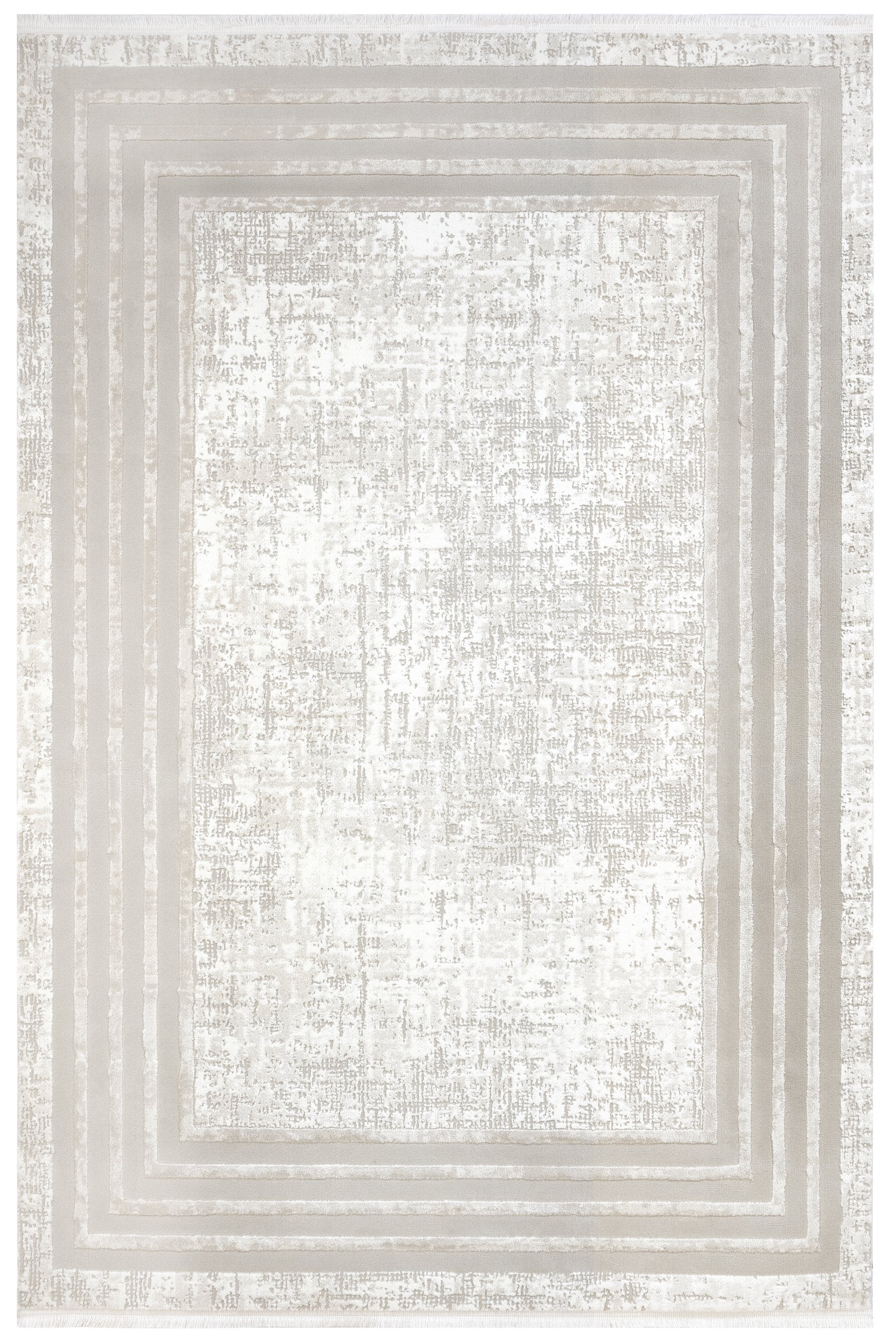 Cream Geometric Area Rug - Machine Made Micropolyester Carpet with Fringed Edges