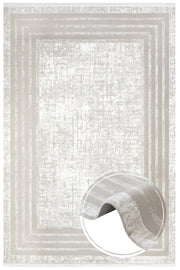 Cream Geometric Area Rug - Machine Made Micropolyester Carpet with Fringed Edges