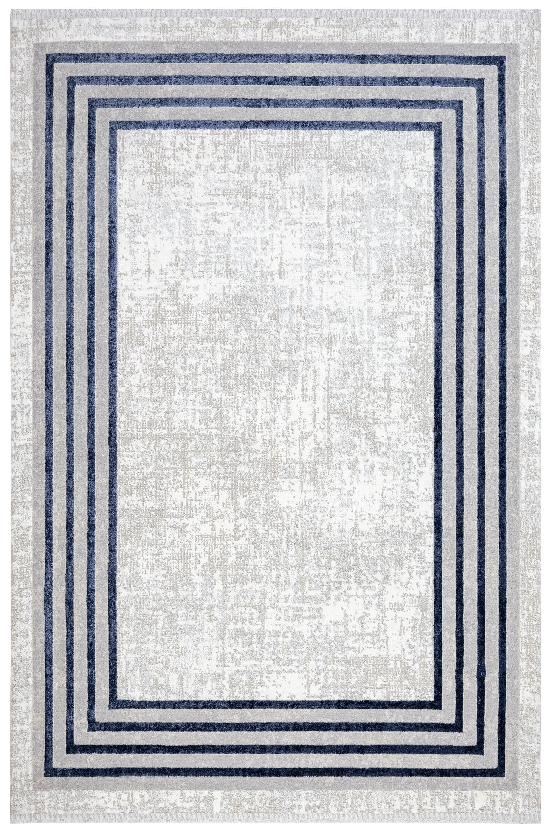 Blue Geometric Area Rug - Micropolyester Machine Made Rug with Fringed Edges