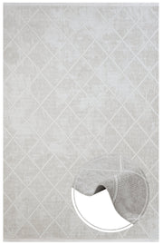 Cream Geometric Area Rug – Micropolyester Machine Made Rug with Fringed Edges