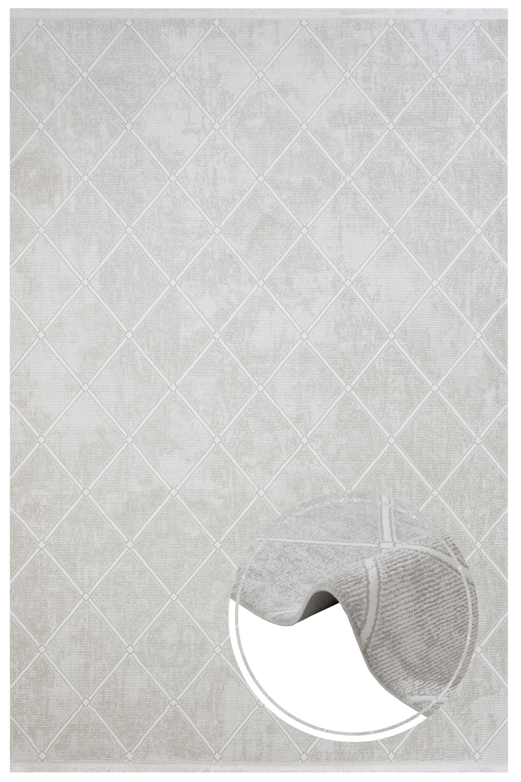 Cream Geometric Area Rug – Micropolyester Machine Made Rug with Fringed Edges