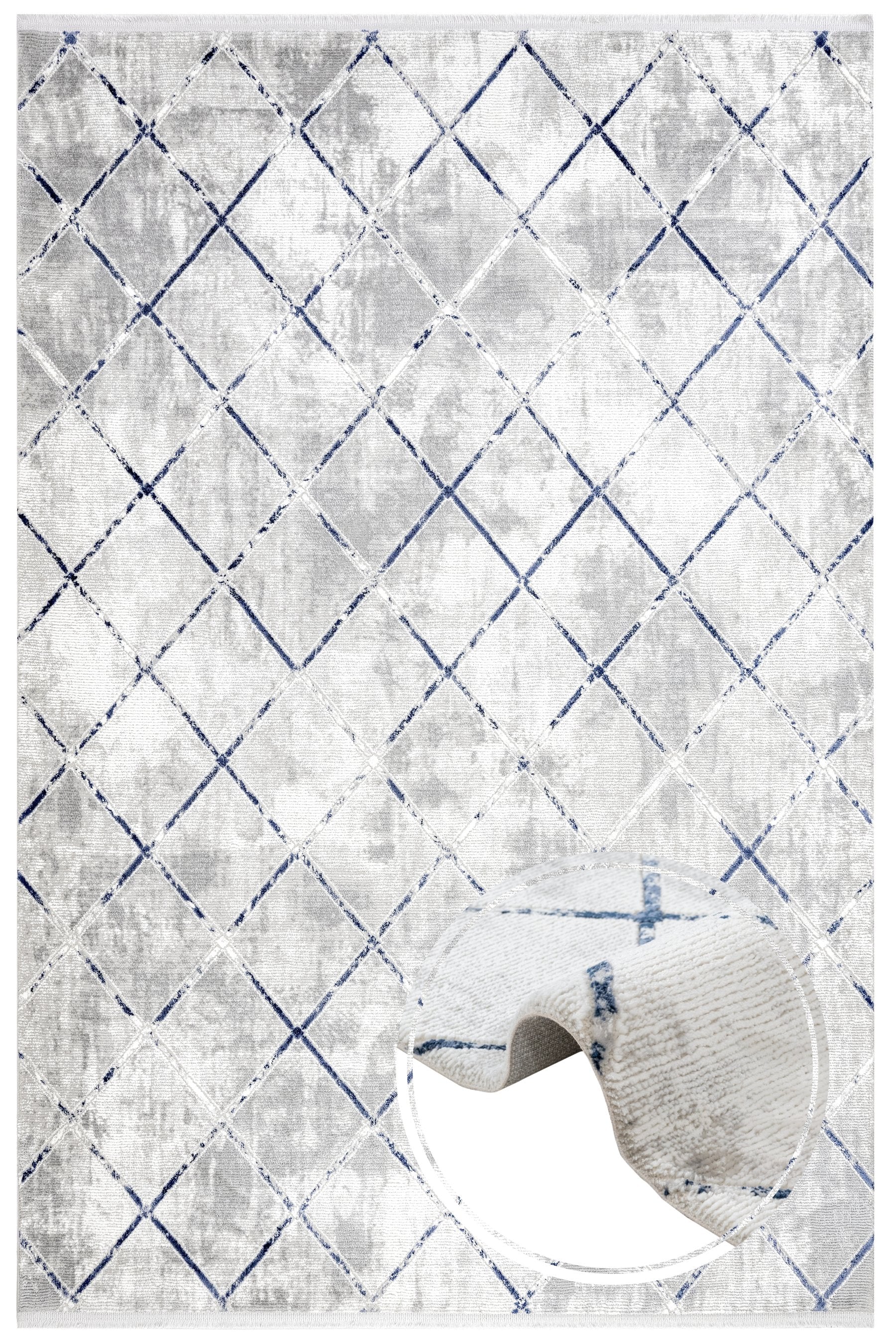 Blue Geometric Area Rug – Machine Made Micropolyester Carpet with Fringed Edges