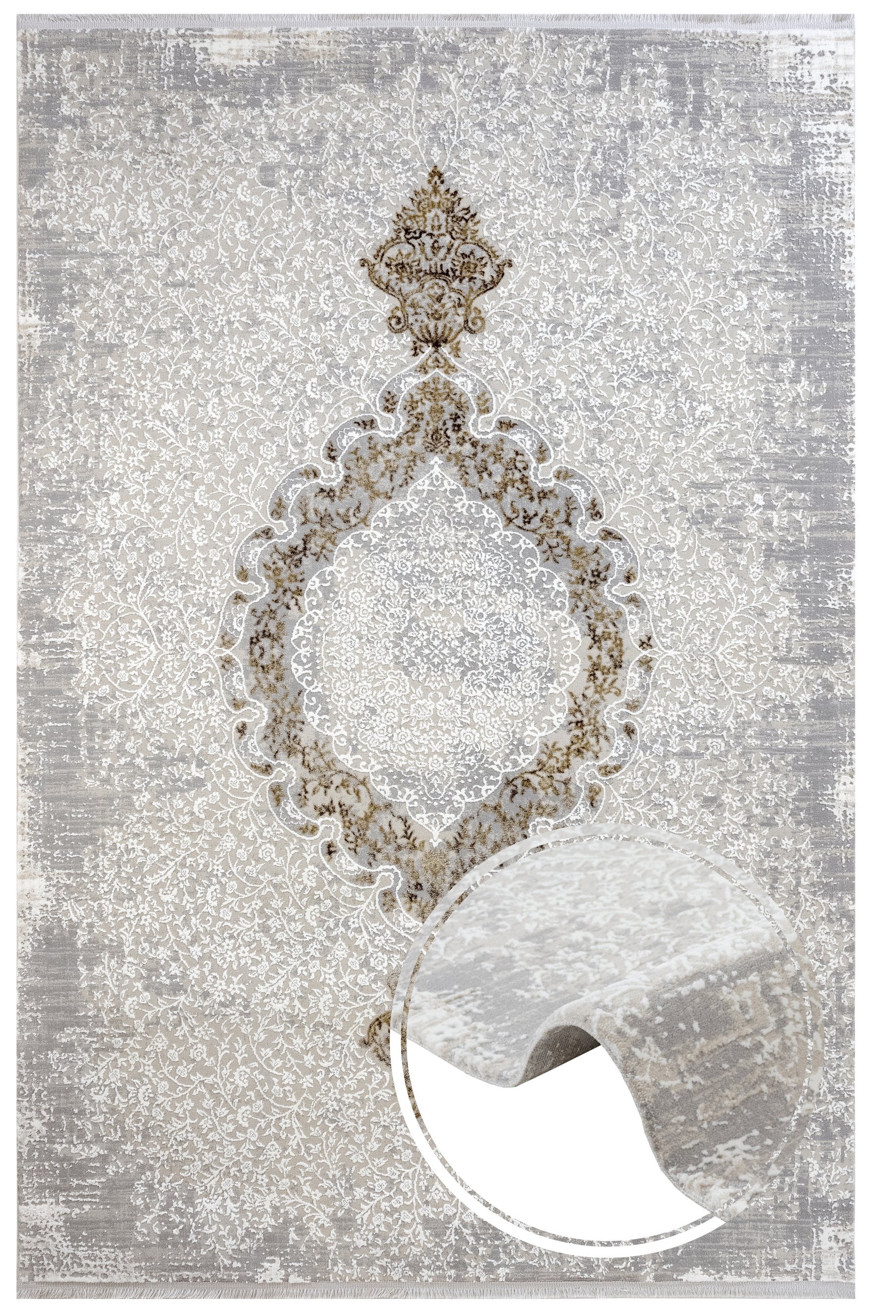 Micropolyester Area Rug – Classic Beige Machine Made Rug With Fringed Edges