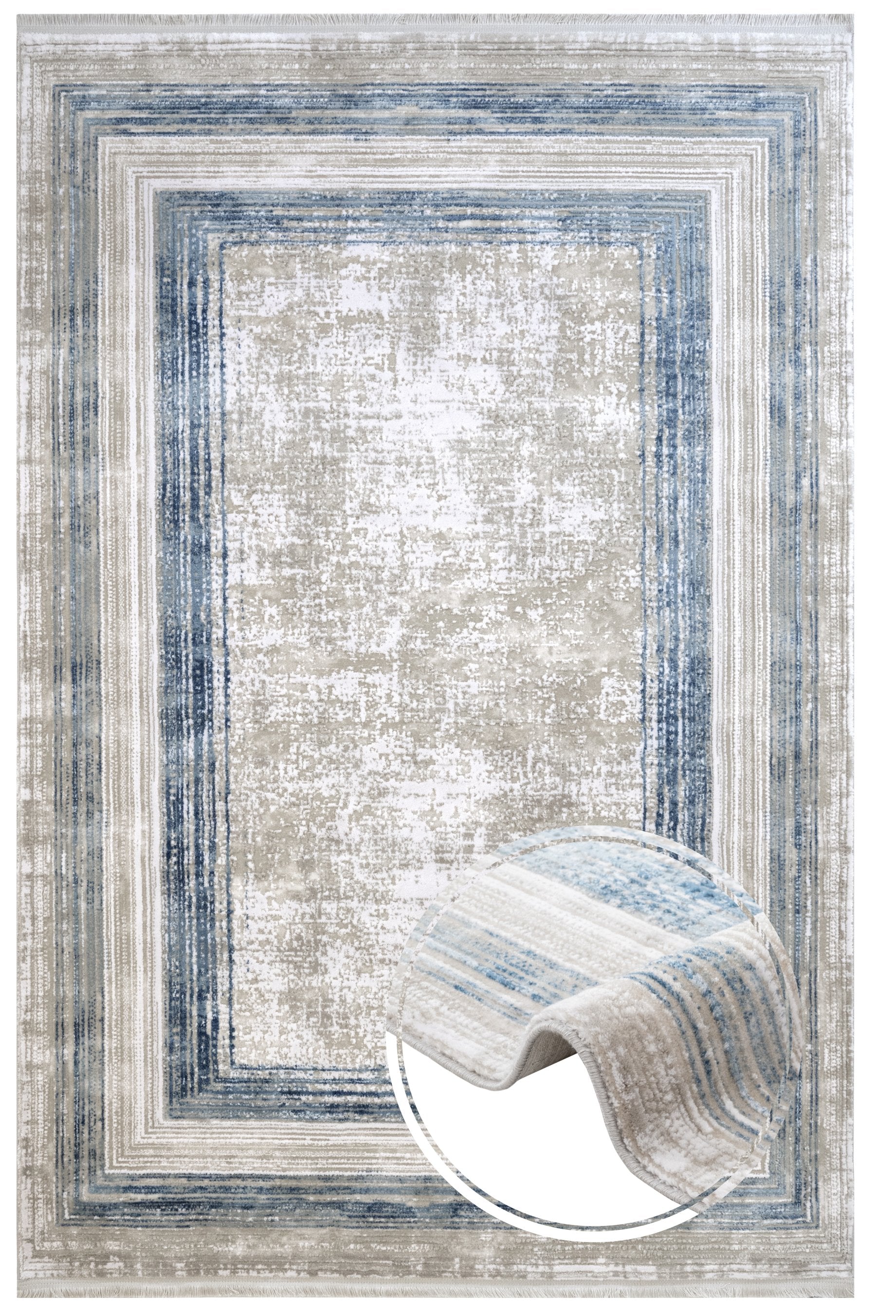 Blue Area Rug - Machine Made Acrylic Rug With Fringed Edge Carpet For Living Room