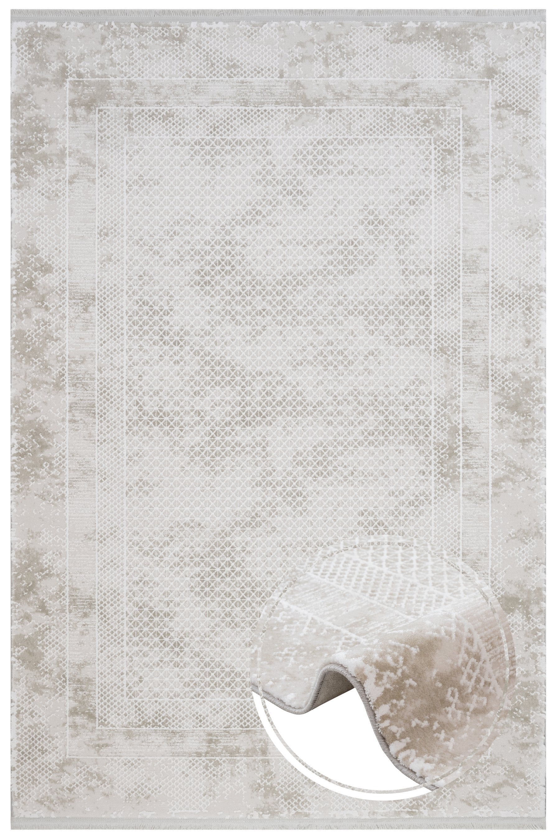 Cream Area Rug - Machine Made Rug with Fringed Edge Carpet for Living Room