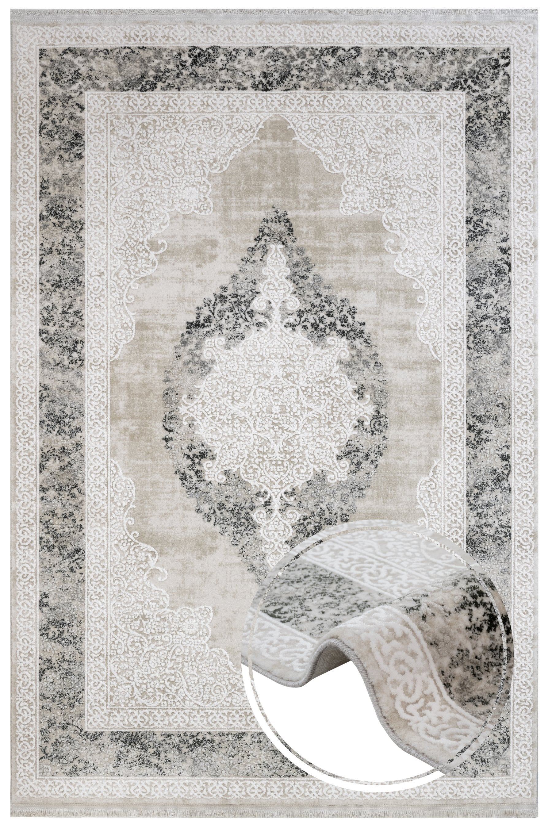 Classic Area Rug – Anthracite Machine Made Rug with Fringed Edges for Living Room