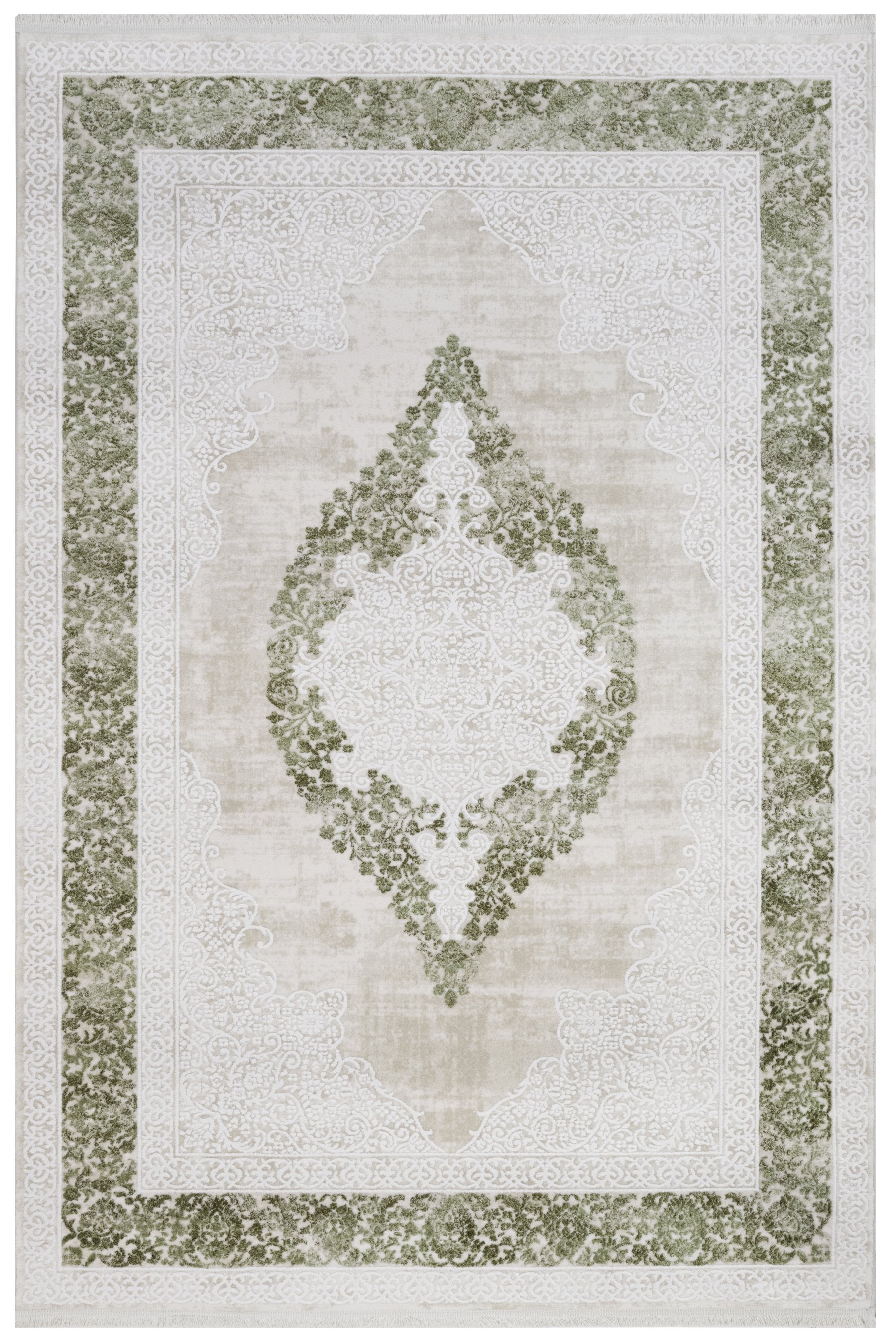 Machine Made Area Rug – Classic Green Acrylic Fringed Edge Carpet for Living Room