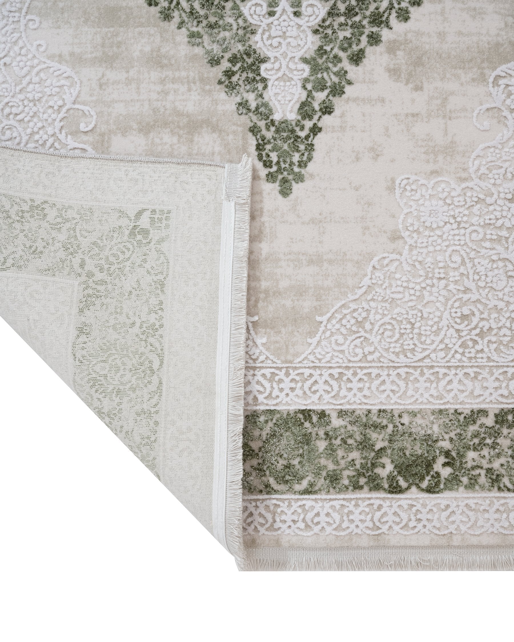 Machine Made Area Rug – Classic Green Acrylic Fringed Edge Carpet for Living Room