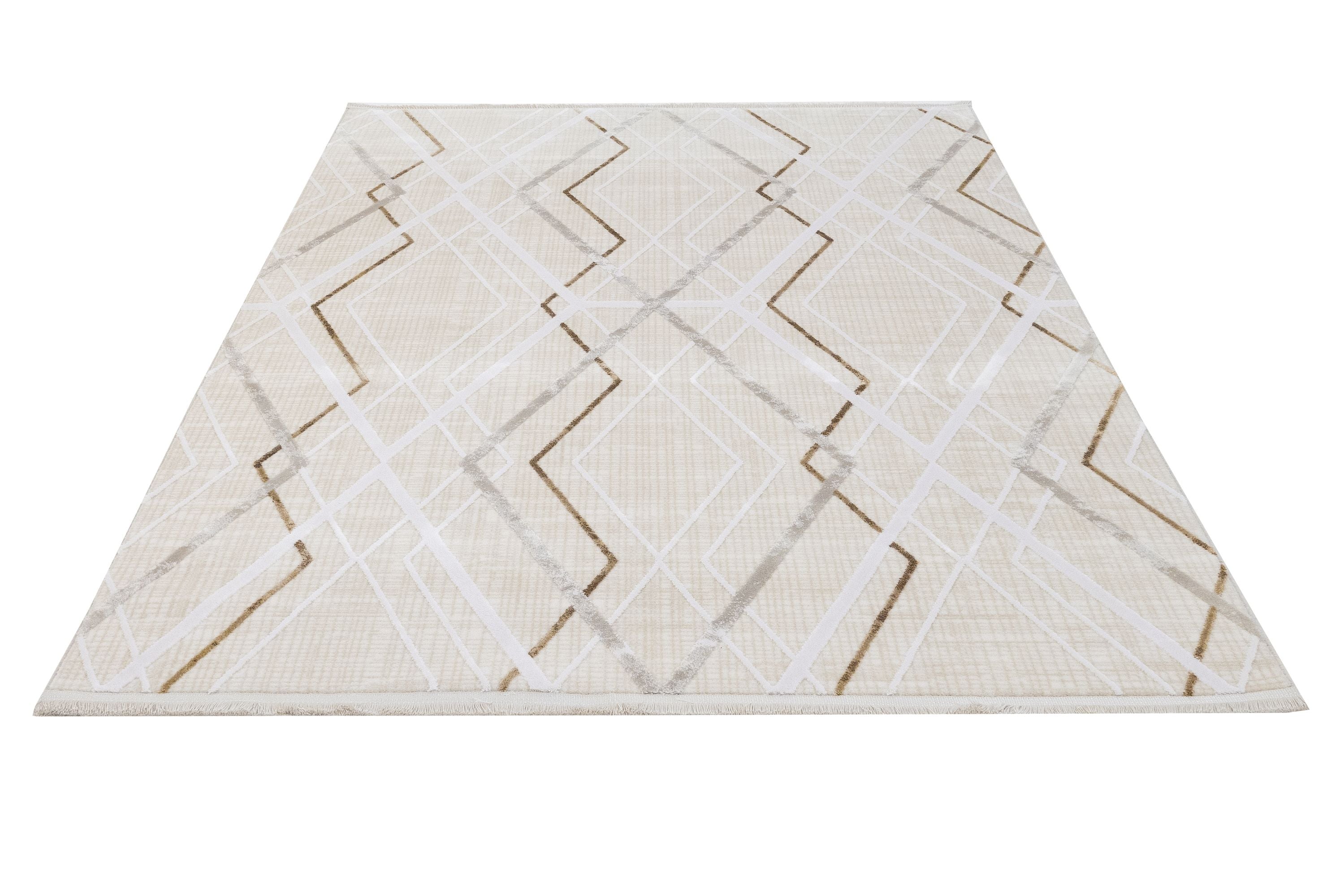Geometric Area Rug - Machine Made Acrylic Carpet With Fringed Edges