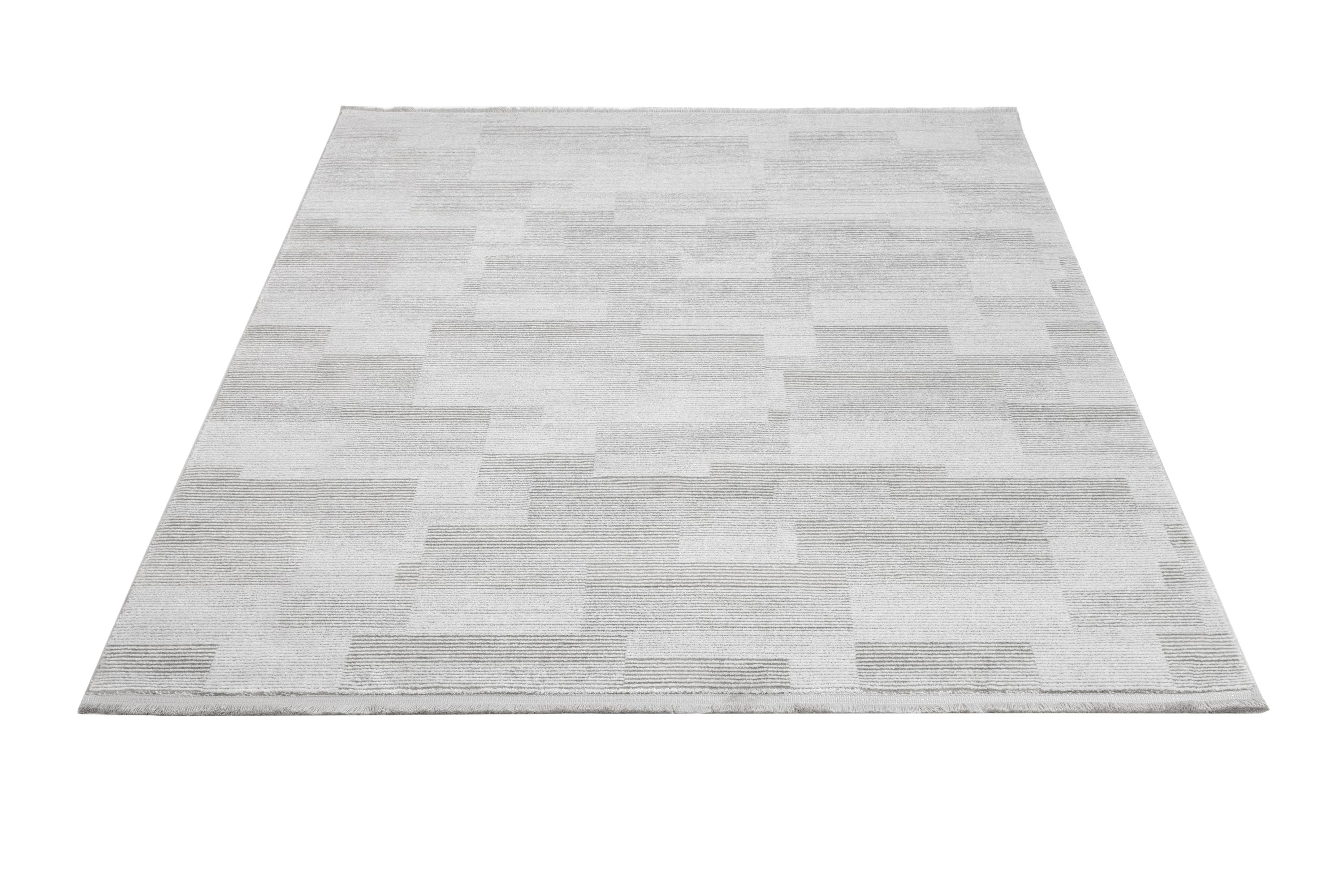 Grey Geometric Area Rug – Machine Made Rug with Fringed Edge for Living Room