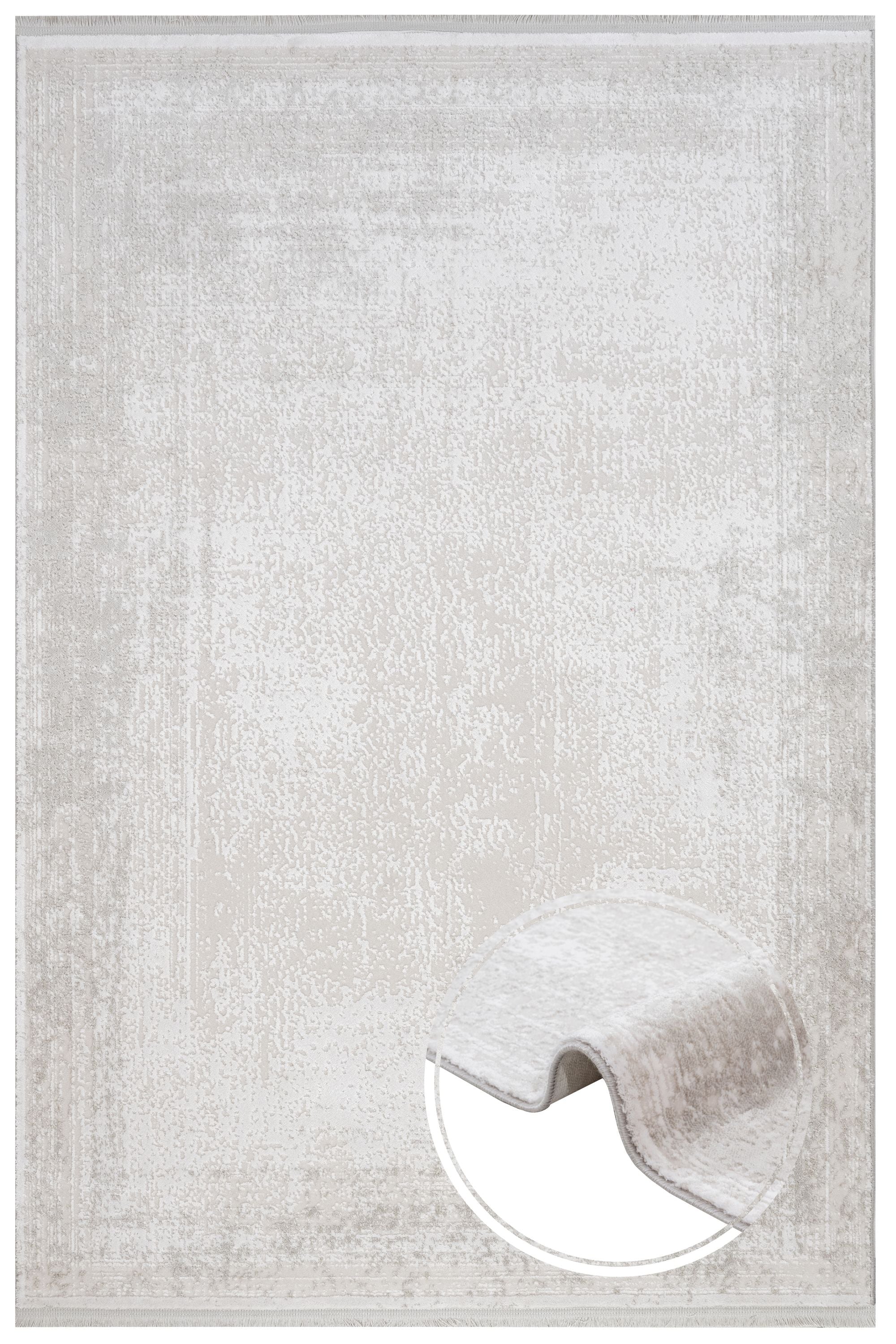 Modern Area Rug – Machine Made Cream Acrylic Carpet With Fringed Edges